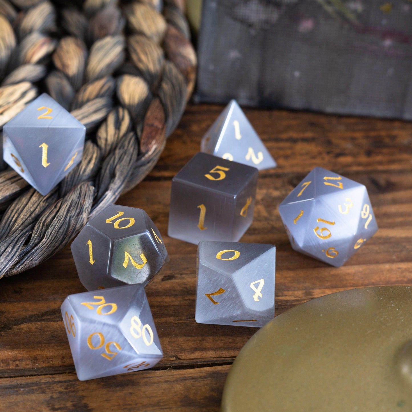 Gemstone Gray Cats Eye Stone DND Dice Set - Full Set And Free Dice Box