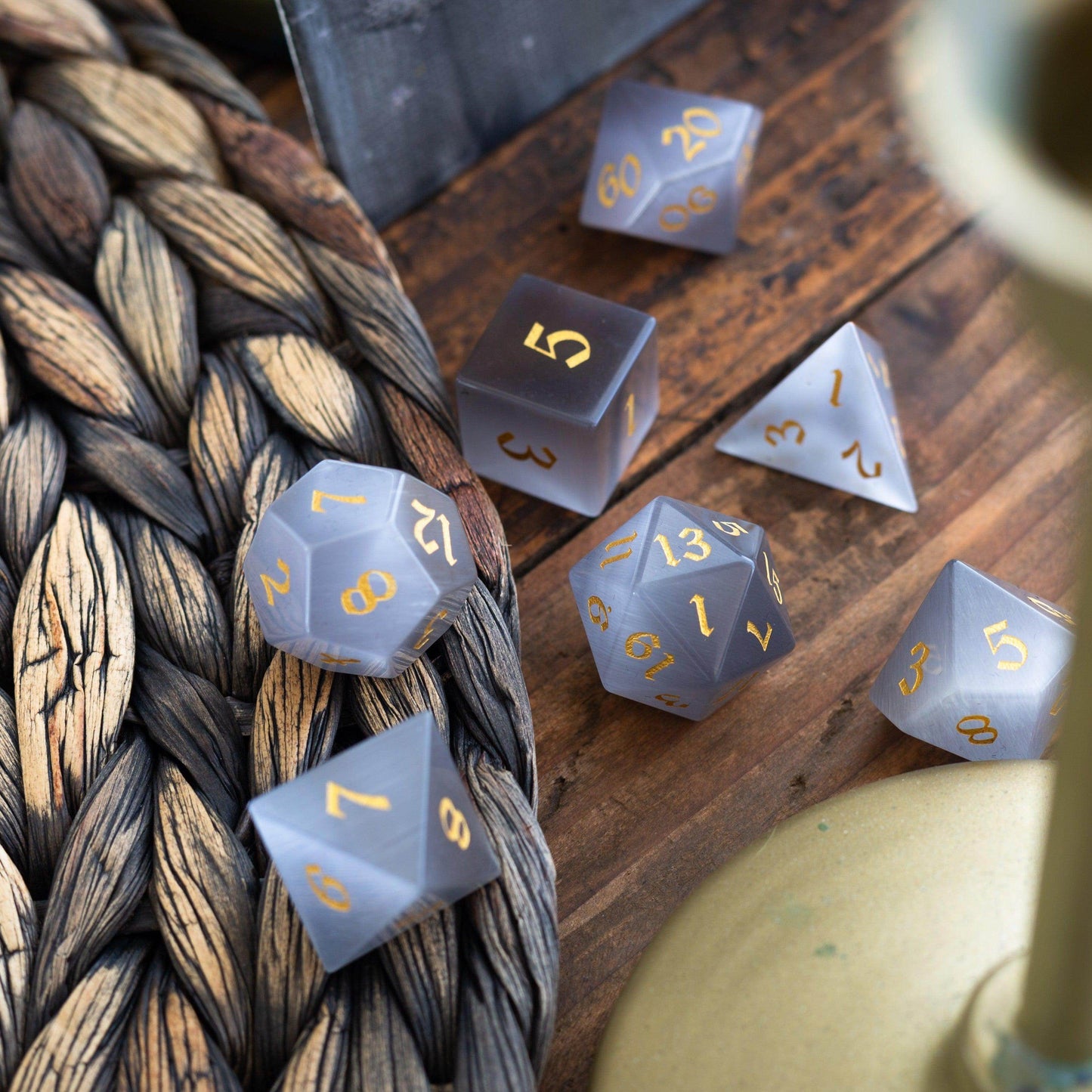 Gemstone Gray Cats Eye Stone DND Dice Set - Full Set And Free Dice Box