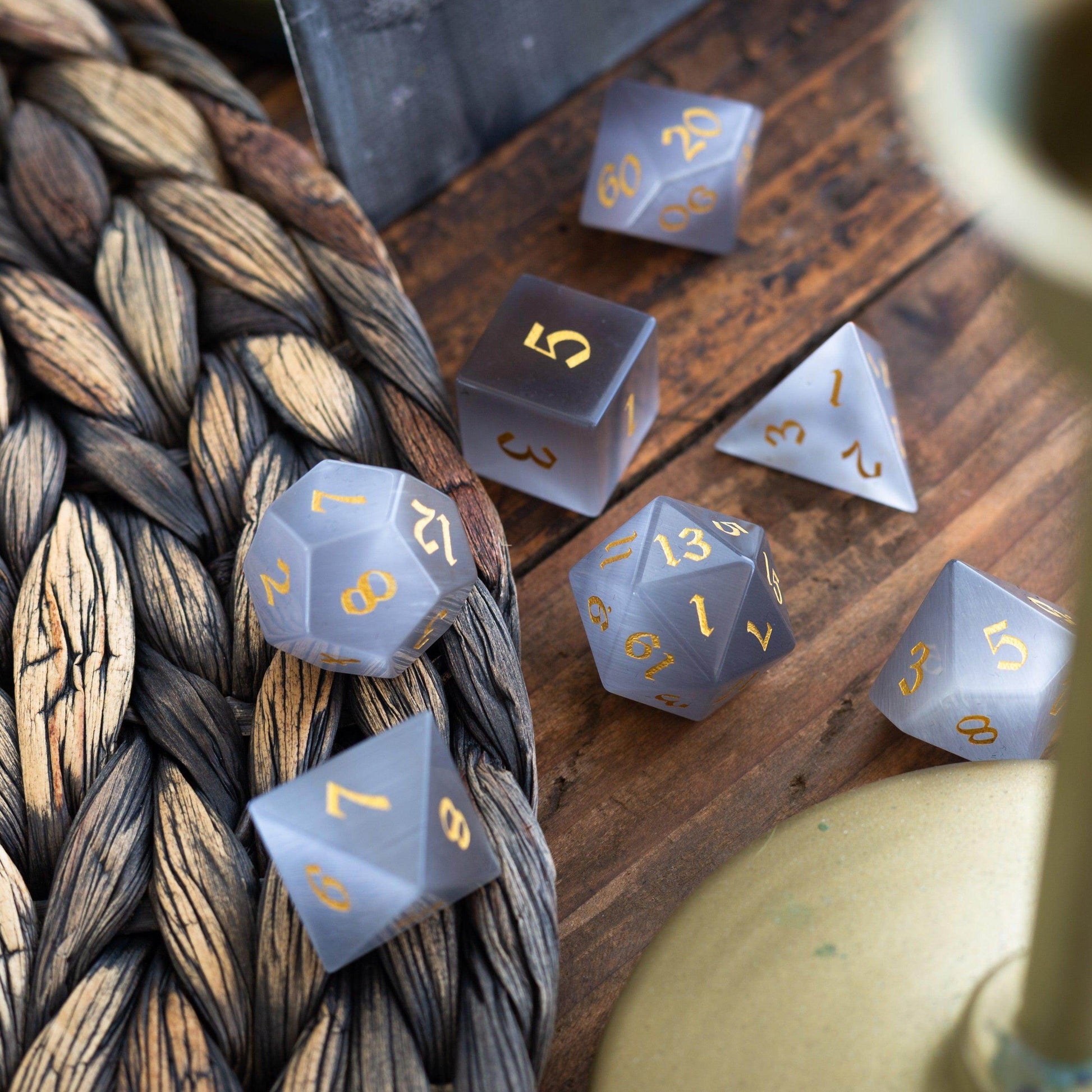 Gemstone Gray Cats Eye Stone DND Dice Set - Full Set And Free Dice Box