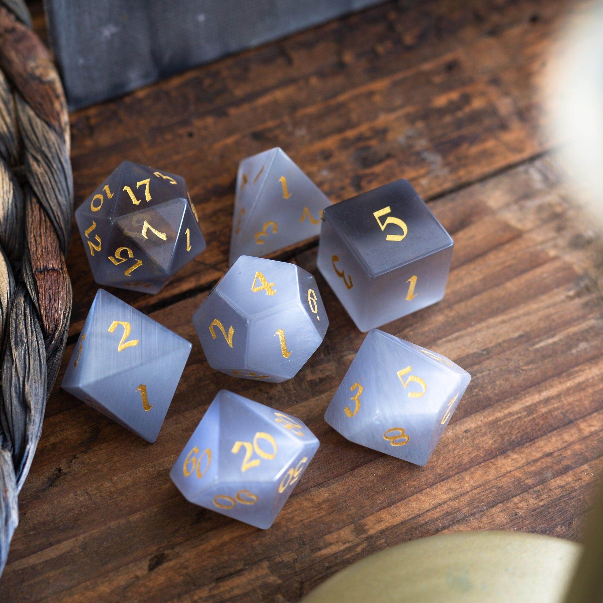 Gemstone Gray Cats Eye Stone DND Dice Set - Full Set And Free Dice Box