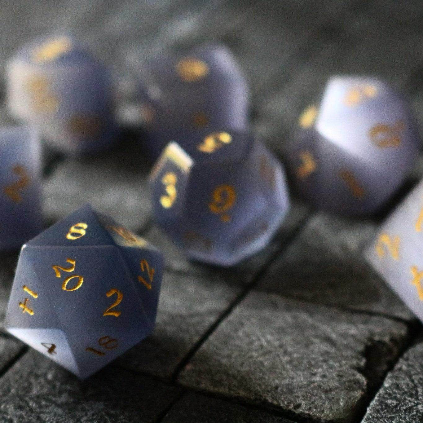 Gemstone Gray Cats Eye Stone DND Dice Set - Full Set And Free Dice Box