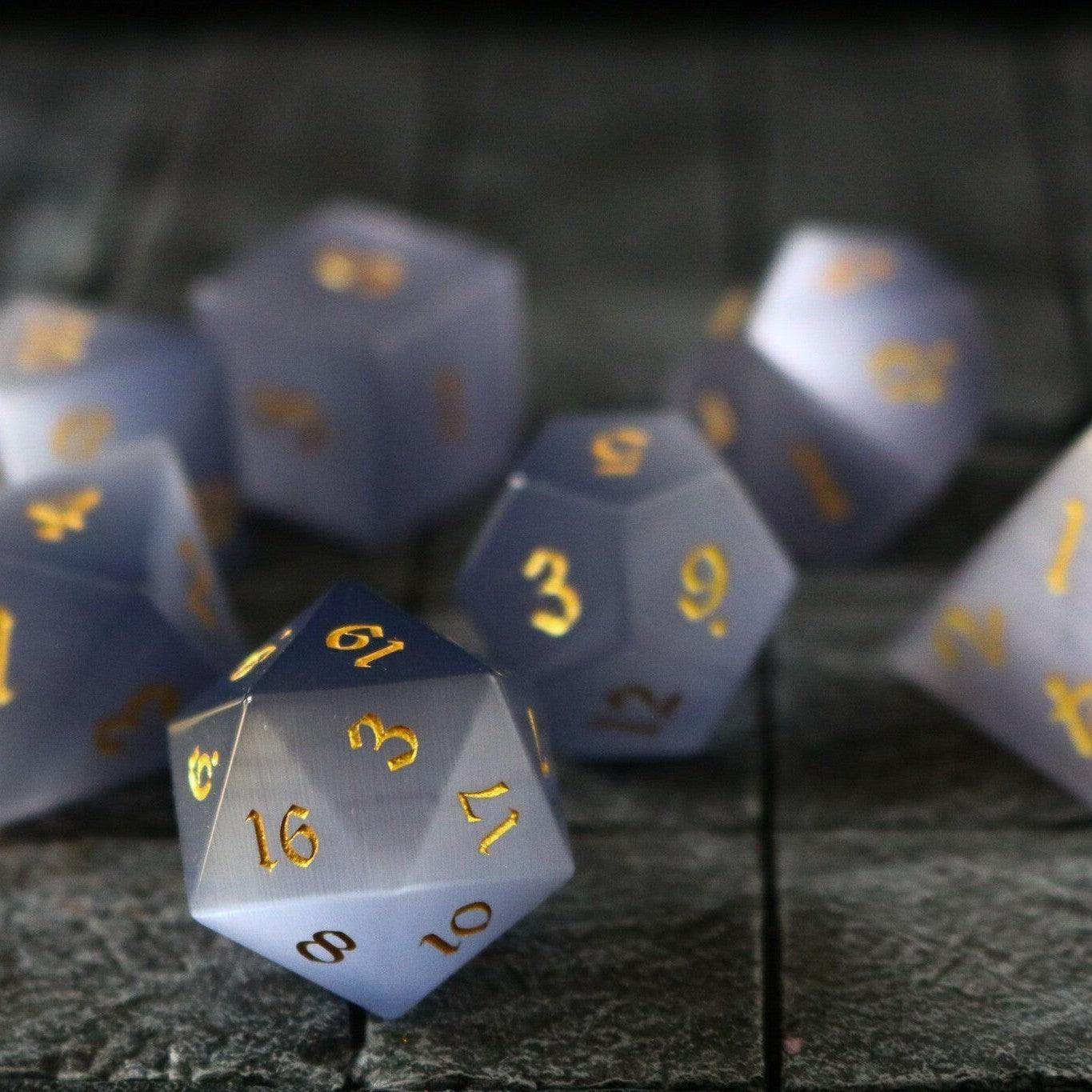 Gemstone Gray Cats Eye Stone DND Dice Set - Full Set And Free Dice Box