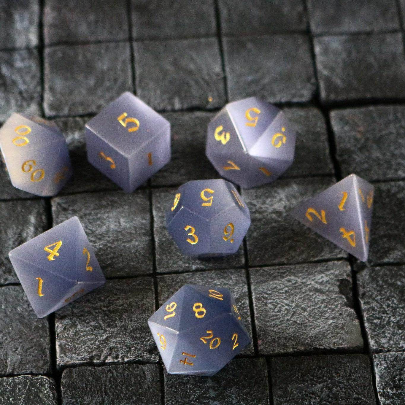 Gemstone Gray Cats Eye Stone DND Dice Set - Full Set And Free Dice Box