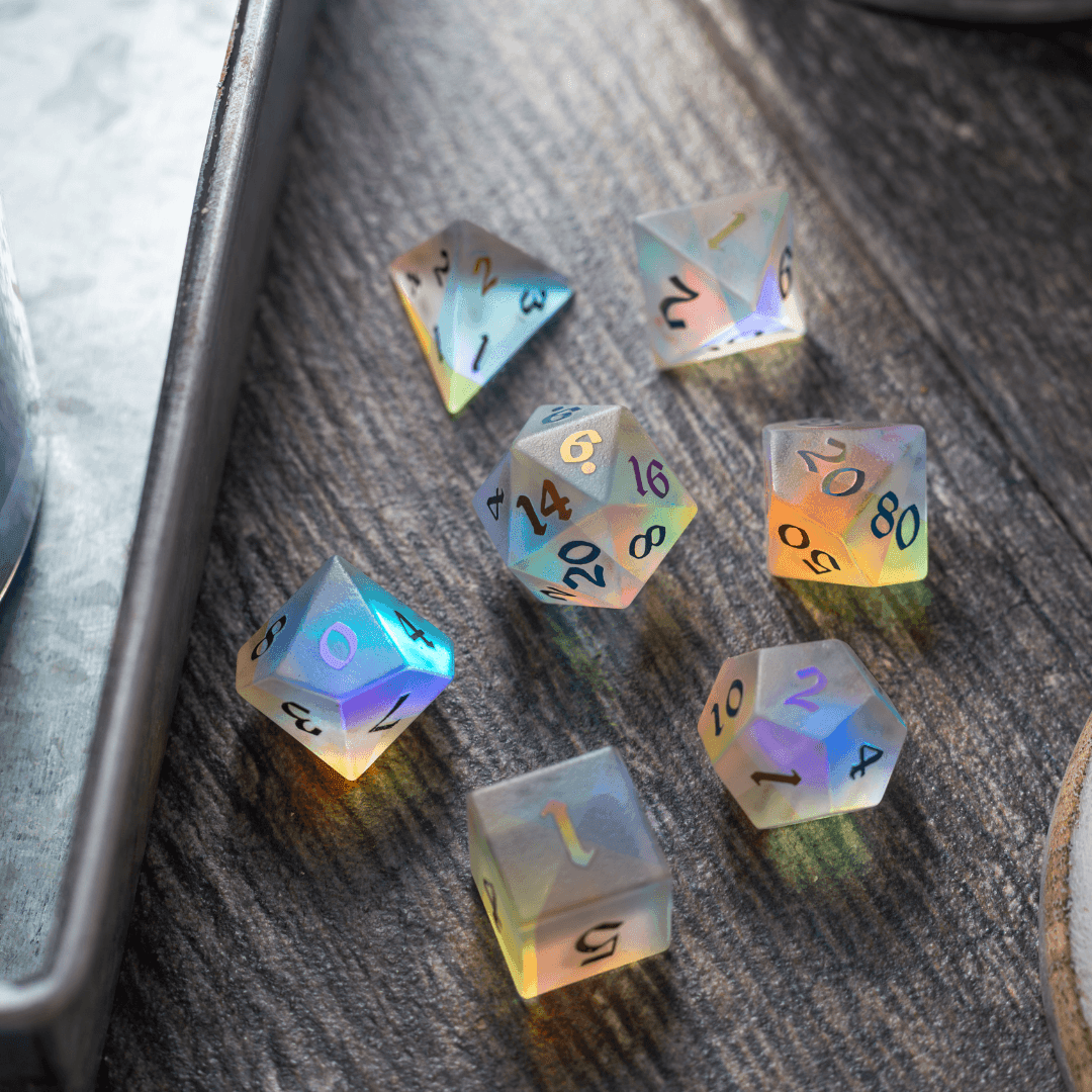 Gemstone (Inked) Raised Dichroic Glass DND Dice Set - Full Set With Box