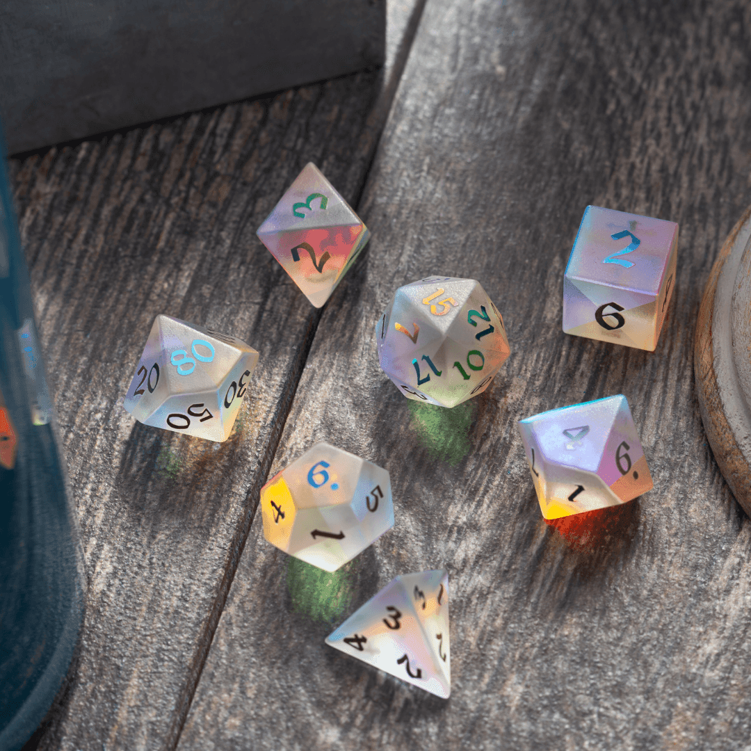 Gemstone (Inked) Raised Dichroic Glass DND Dice Set - Full Set With Box