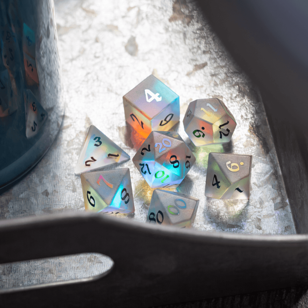 Gemstone (Inked) Raised Dichroic Glass DND Dice Set - Full Set With Box