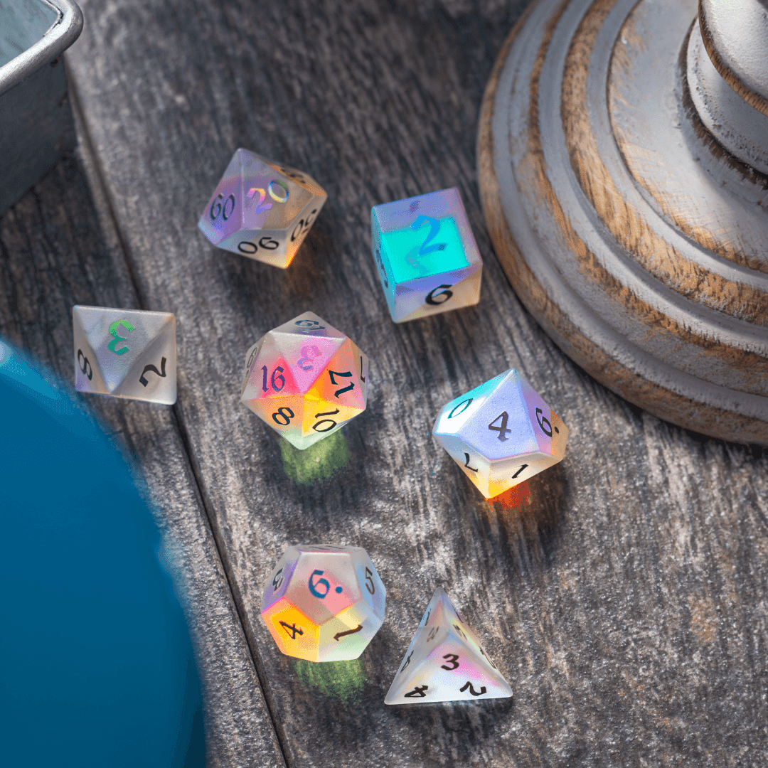 Gemstone (Inked) Raised Dichroic Glass DND Dice Set - Full Set With Box