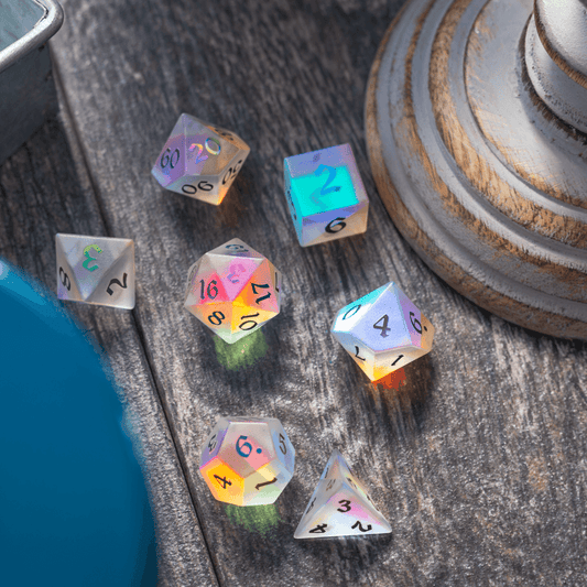 Gemstone (Inked) Raised Dichroic Glass DND Dice Set - Full Set With Box