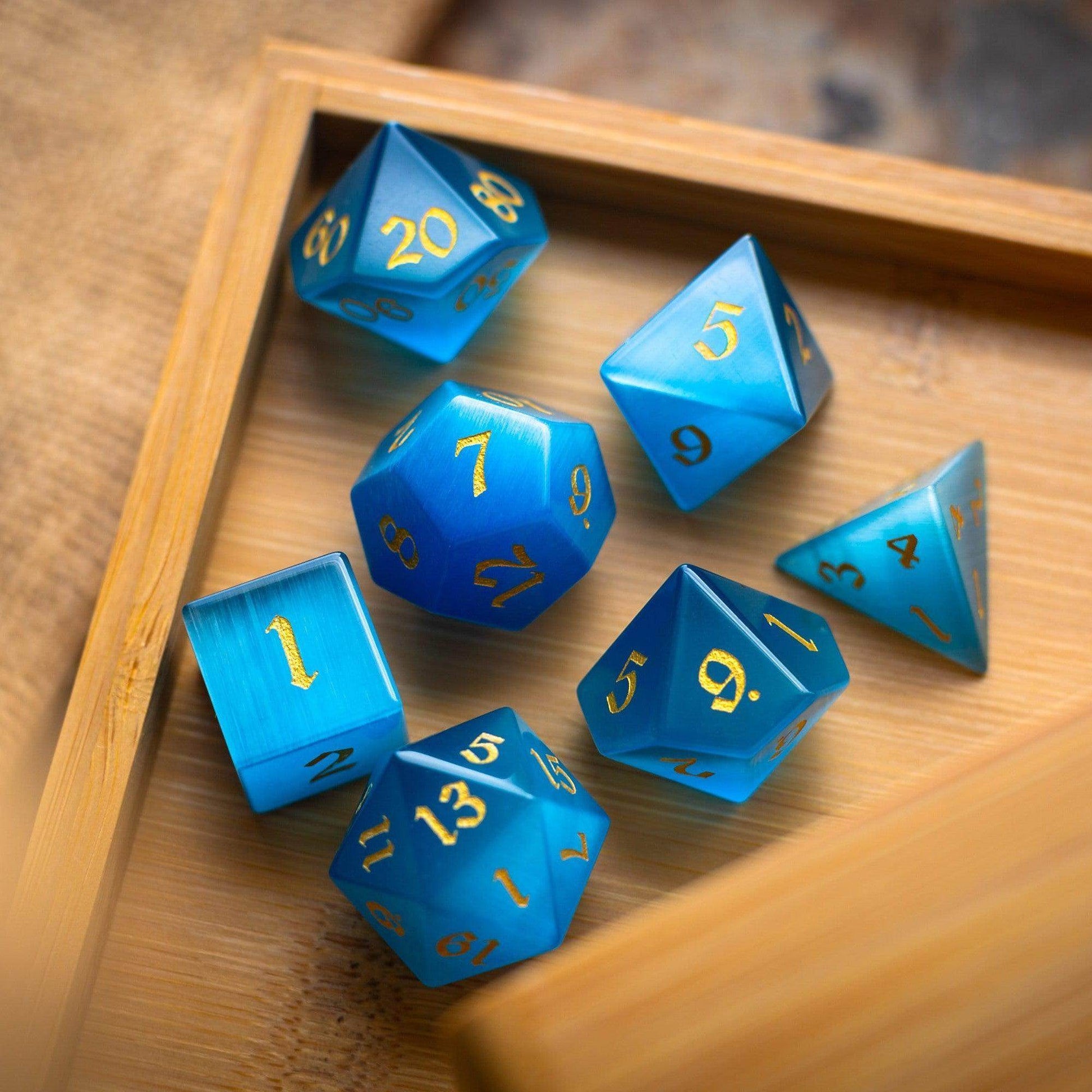 Gemstone Light Blue Cats Eye Stone Hand Carved DND Dice Set - Full Set And Free Dice Box