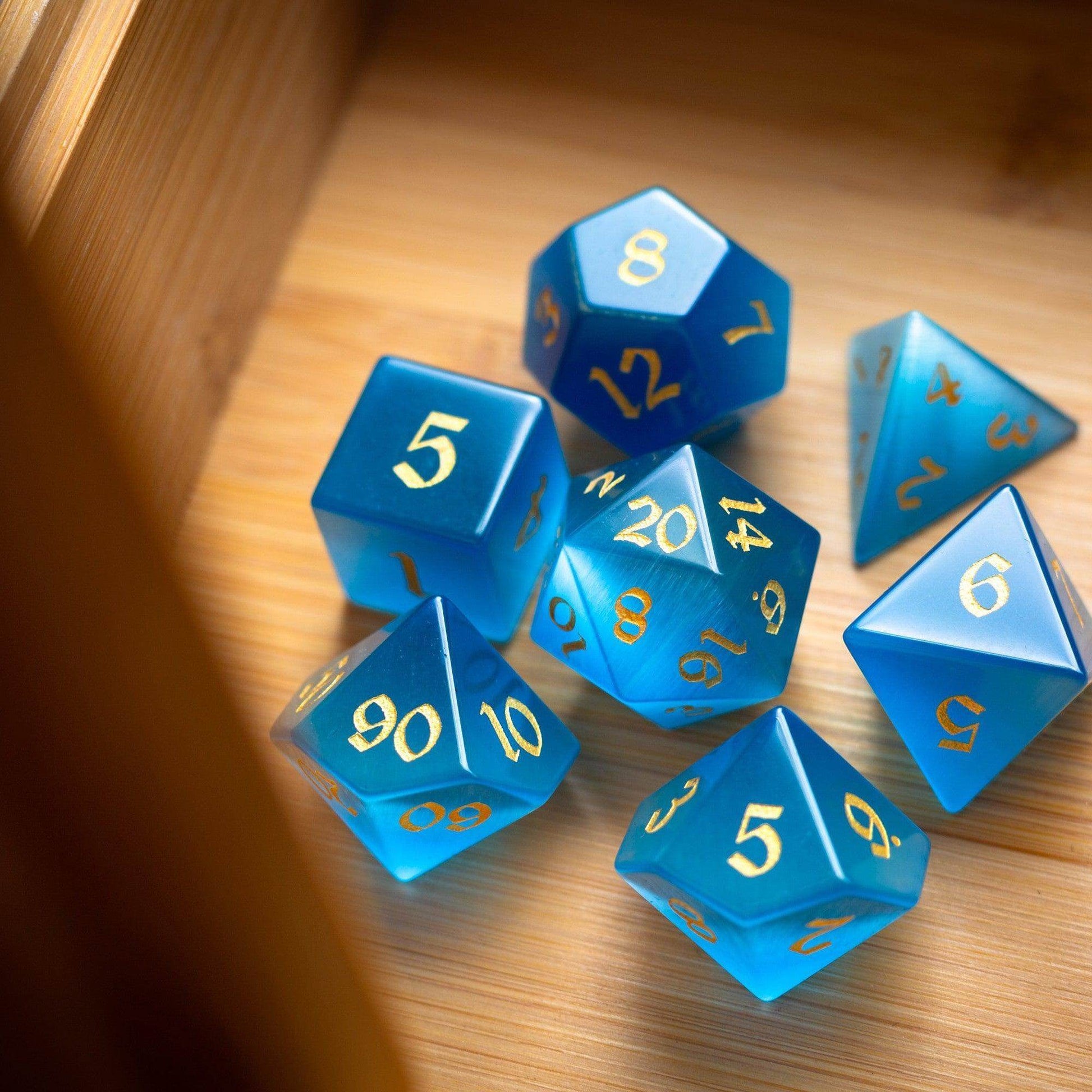 Gemstone Light Blue Cats Eye Stone Hand Carved DND Dice Set - Full Set And Free Dice Box