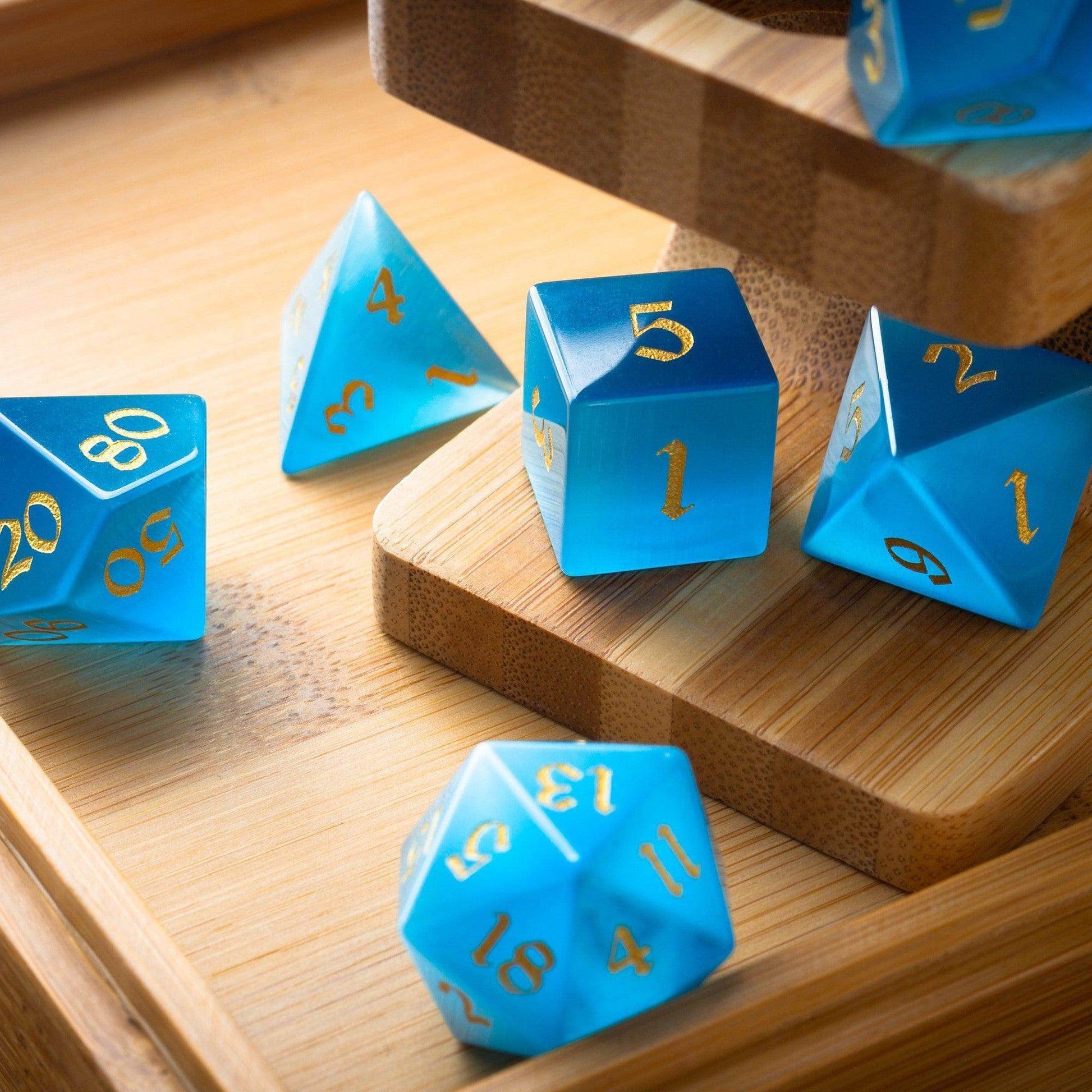 Gemstone Light Blue Cats Eye Stone Hand Carved DND Dice Set - Full Set And Free Dice Box