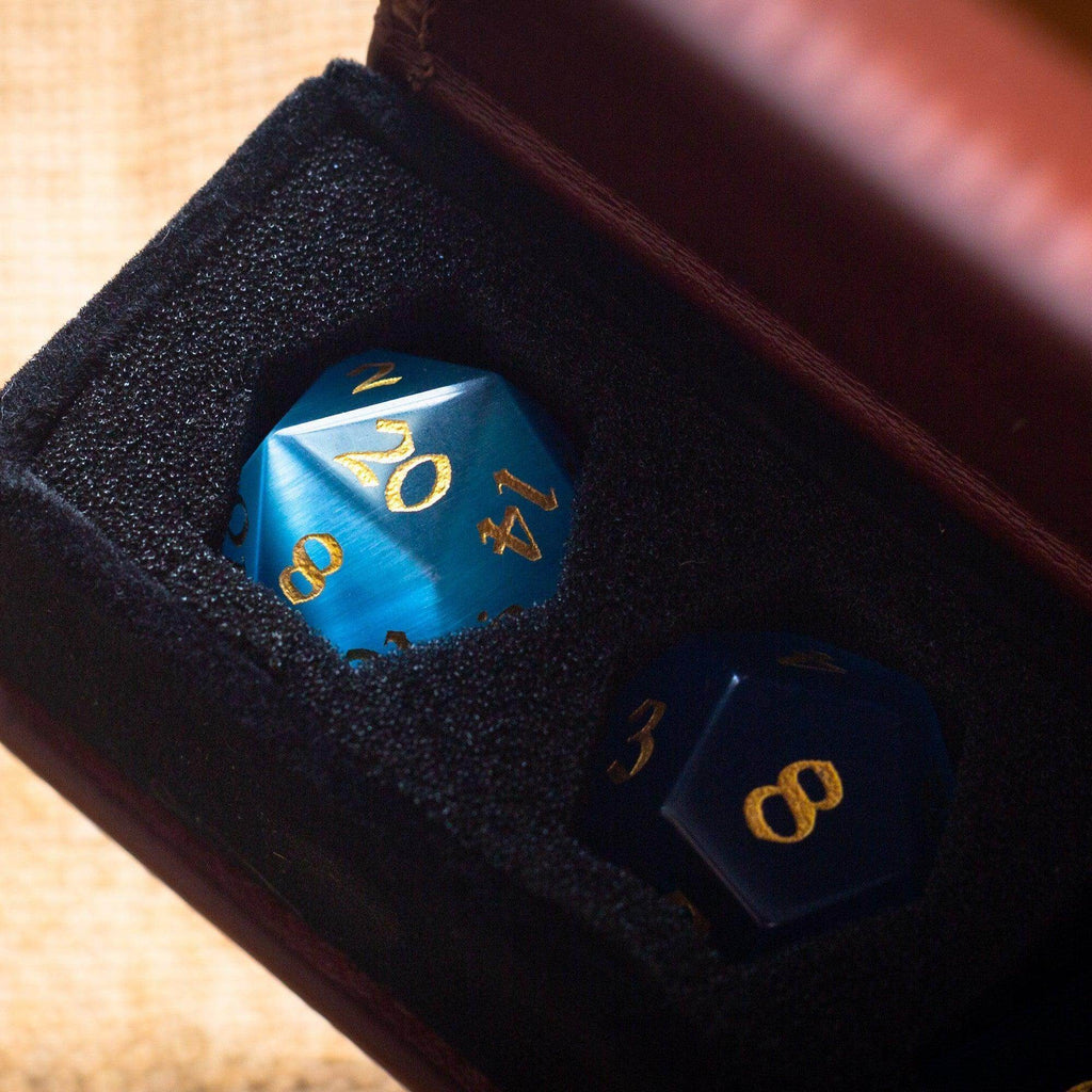 Gemstone Light Blue Cats Eye Stone Hand Carved DND Dice Set - Full Set And Free Dice Box