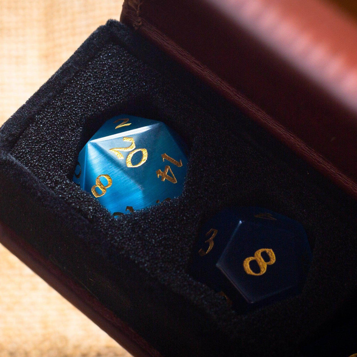 Gemstone Light Blue Cats Eye Stone Hand Carved DND Dice Set - Full Set And Free Dice Box