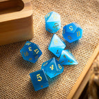 Gemstone Light Blue Cats Eye Stone Hand Carved DND Dice Set - Full Set And Free Dice Box
