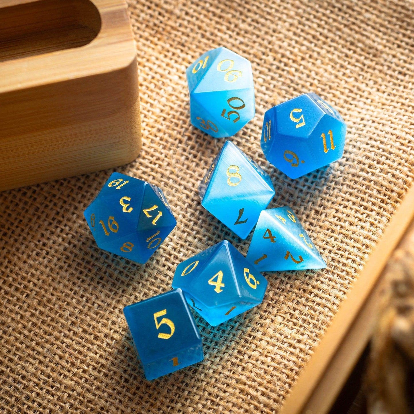 Gemstone Light Blue Cats Eye Stone Hand Carved DND Dice Set - Full Set And Free Dice Box