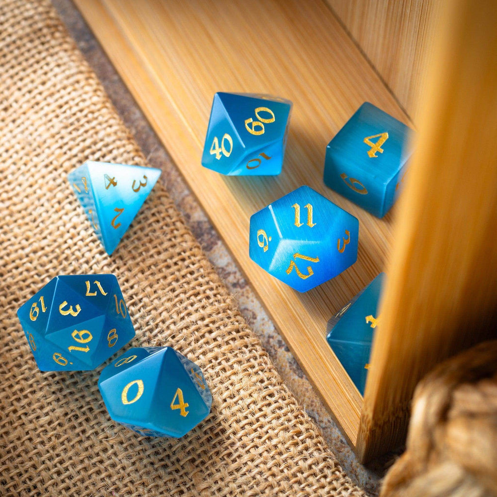 Gemstone Light Blue Cats Eye Stone Hand Carved DND Dice Set - Full Set And Free Dice Box