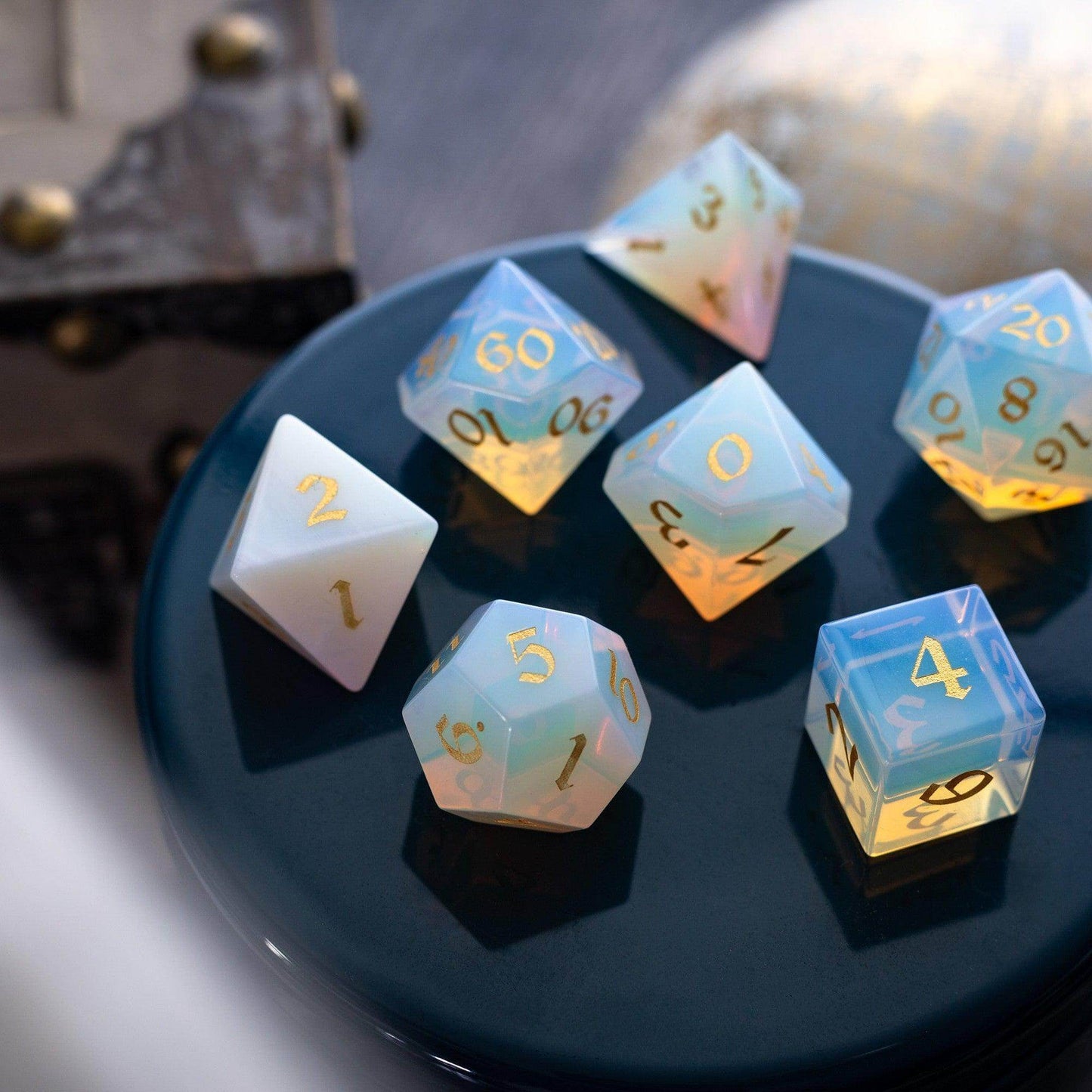 Gemstone Opalite (Gold Font) Hand Carved DND Dice Set - Full Set And Free Dice Box