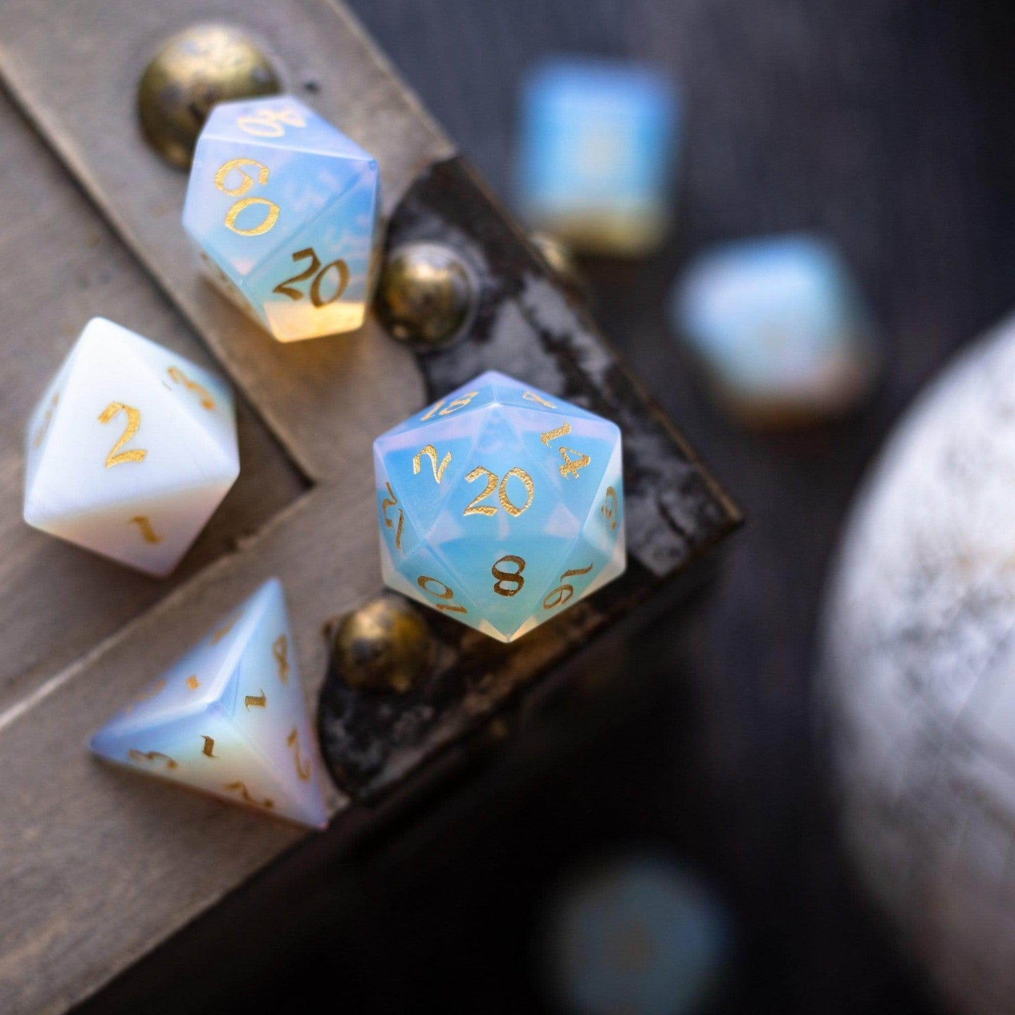 Gemstone Opalite (Gold Font) Hand Carved DND Dice Set - Full Set And Free Dice Box