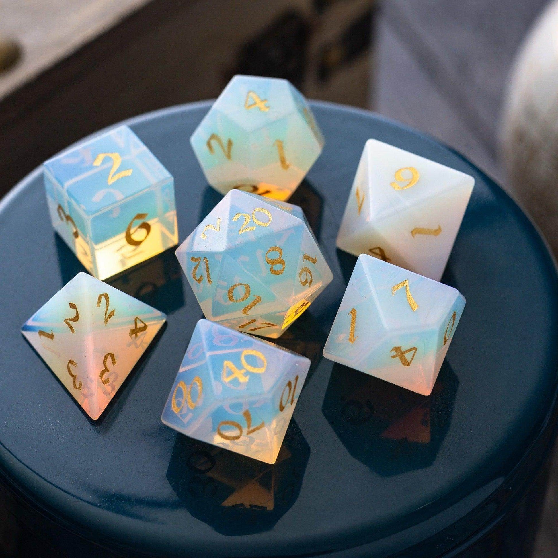Gemstone Opalite (Gold Font) Hand Carved DND Dice Set - Full Set And Free Dice Box