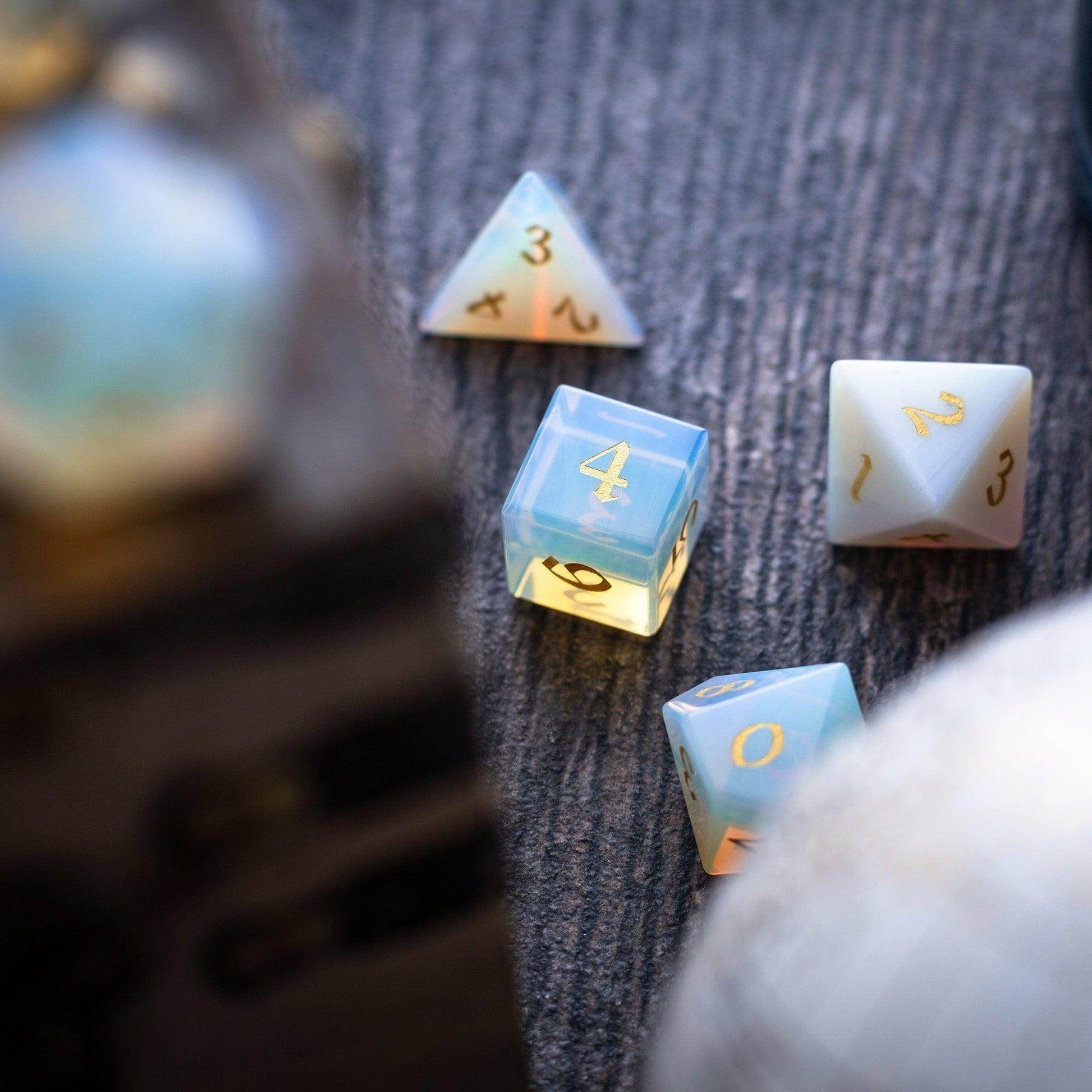 Gemstone Opalite (Gold Font) Hand Carved DND Dice Set - Full Set And Free Dice Box