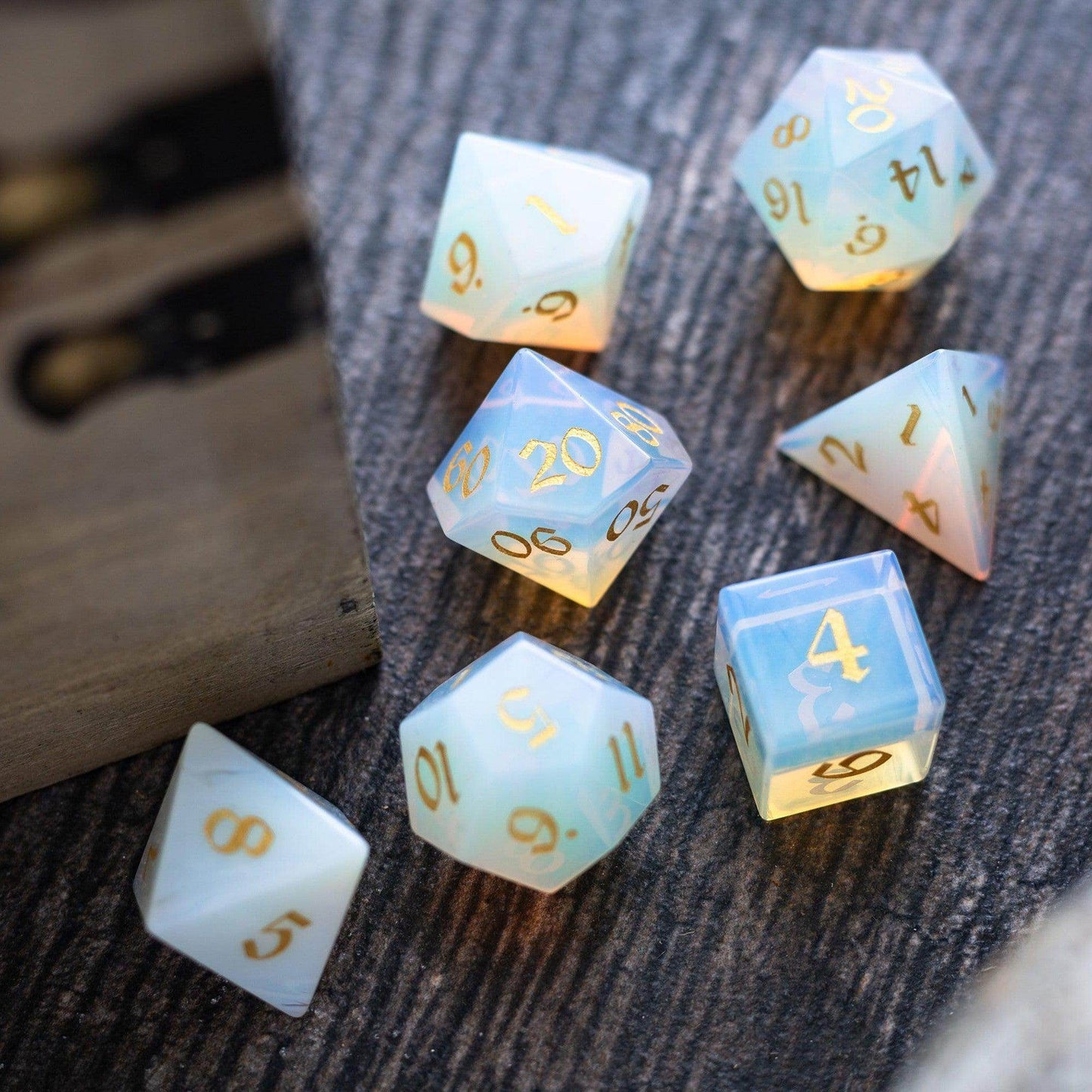Gemstone Opalite (Gold Font) Hand Carved DND Dice Set - Full Set And Free Dice Box