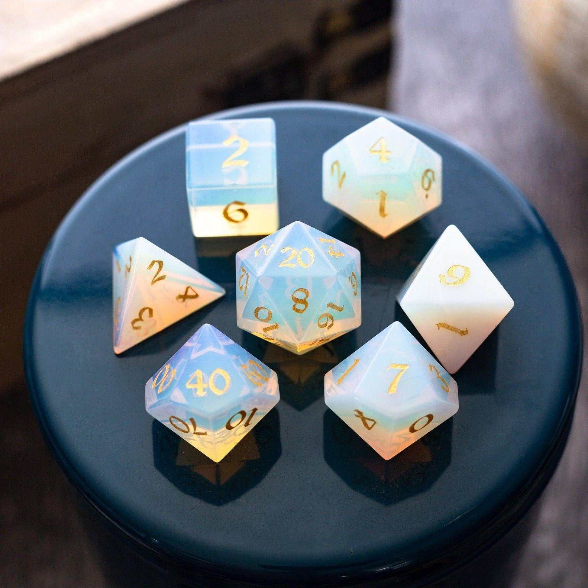 Gemstone Opalite (Gold Font) Hand Carved DND Dice Set - Full Set And Free Dice Box