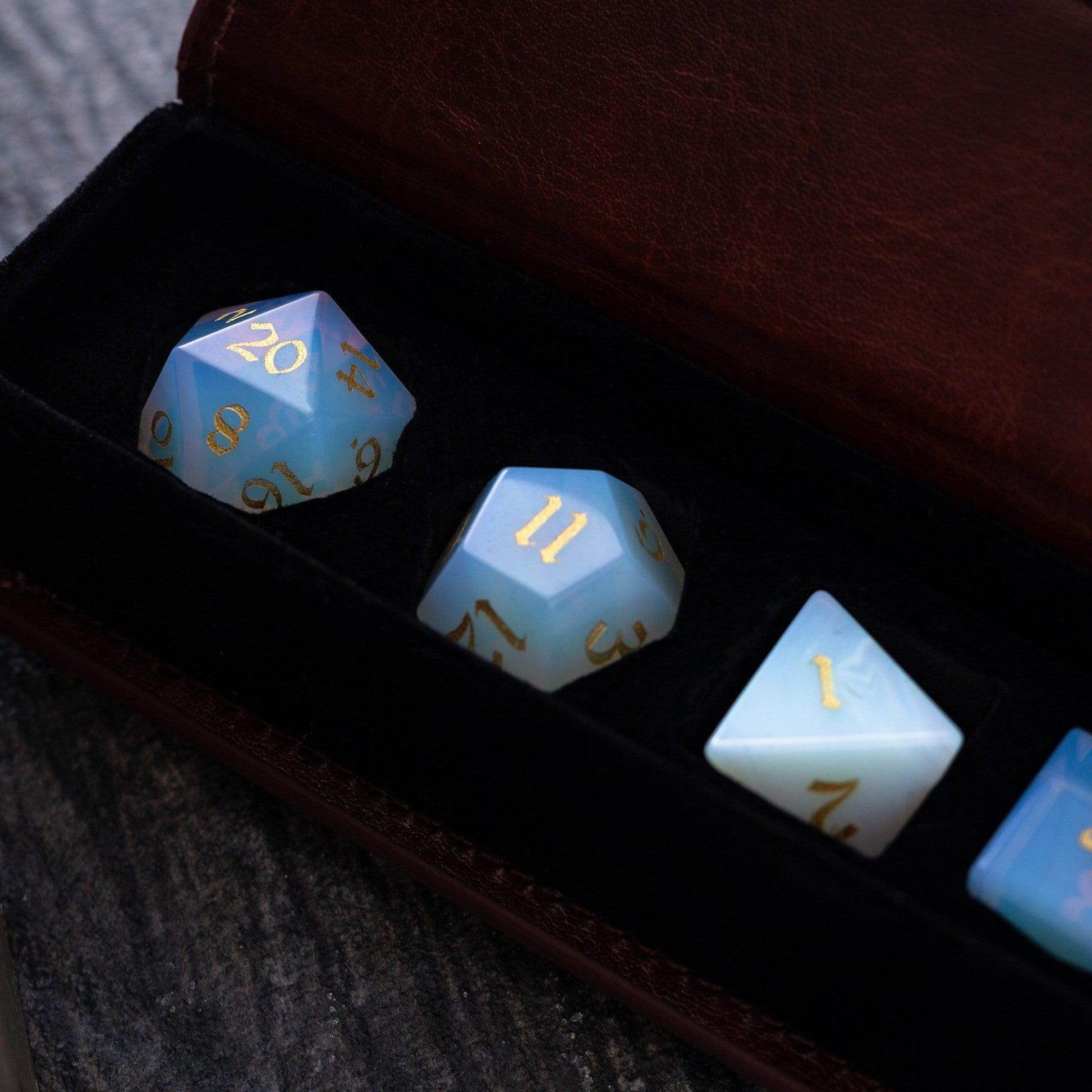 Gemstone Opalite (Gold Font) Hand Carved DND Dice Set - Full Set And Free Dice Box