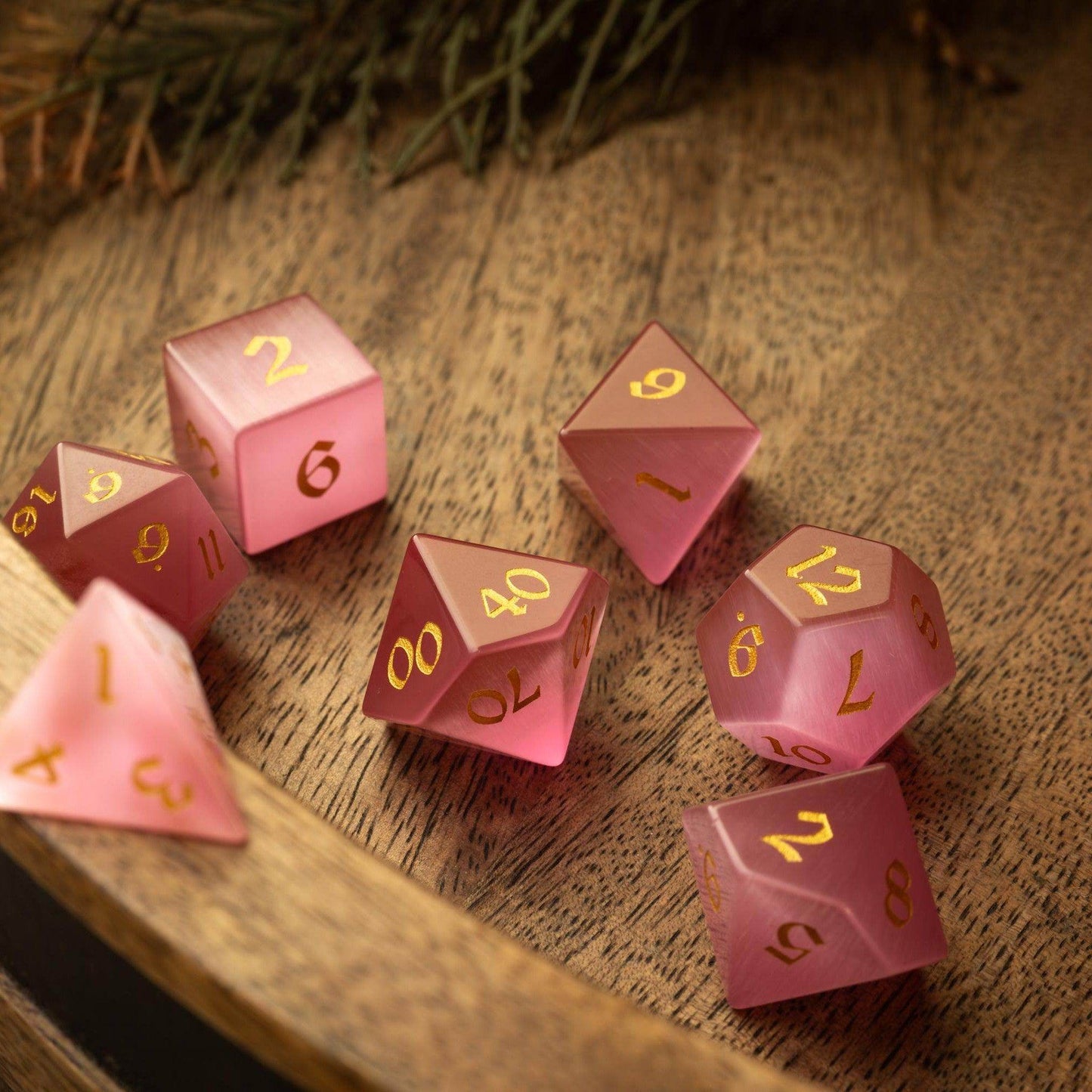 Gemstone Pink Watermelon Cats Eye Stone Hand Carved DND Dice Set - Full Set And Free Dice Box