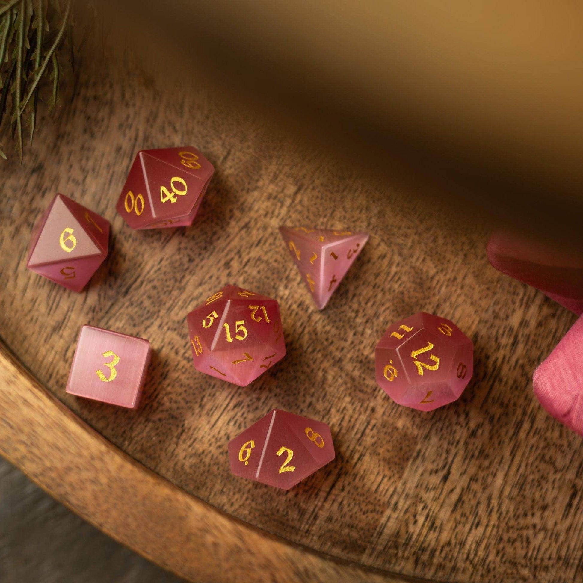 Gemstone Pink Watermelon Cats Eye Stone Hand Carved DND Dice Set - Full Set And Free Dice Box