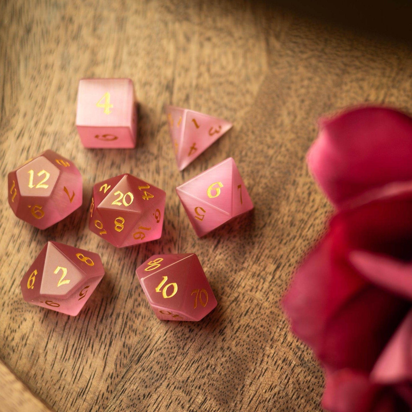 Gemstone Pink Watermelon Cats Eye Stone Hand Carved DND Dice Set - Full Set And Free Dice Box