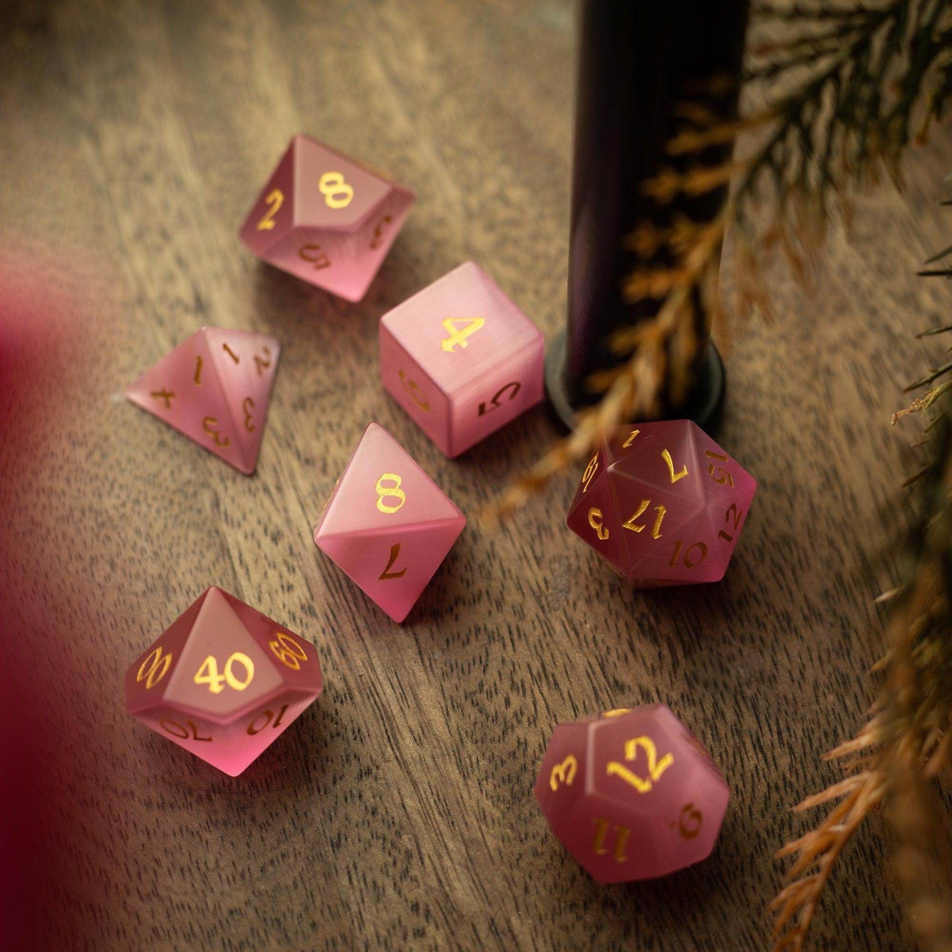 Gemstone Pink Watermelon Cats Eye Stone Hand Carved DND Dice Set - Full Set And Free Dice Box