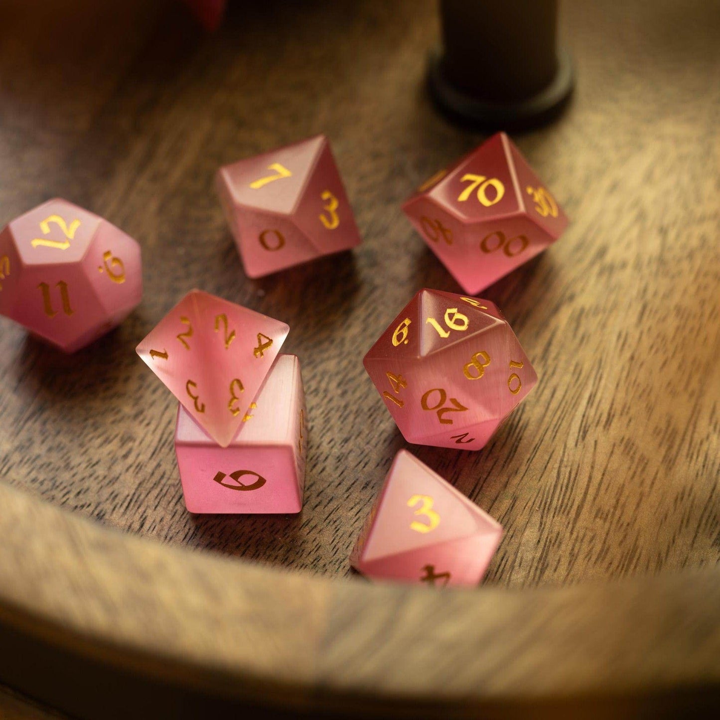 Gemstone Pink Watermelon Cats Eye Stone Hand Carved DND Dice Set - Full Set And Free Dice Box