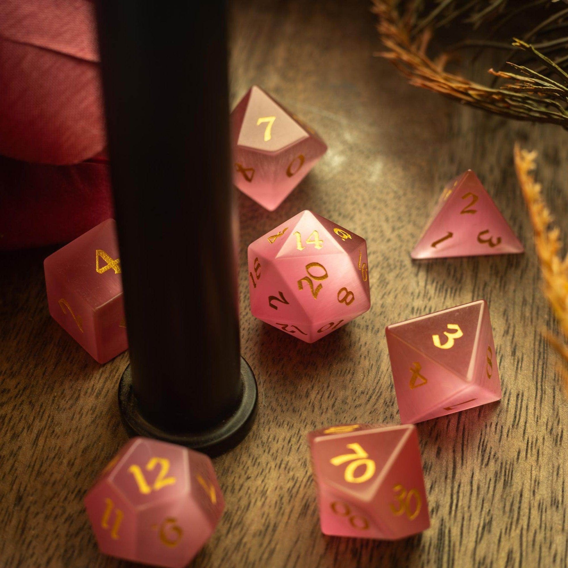 Gemstone Pink Watermelon Cats Eye Stone Hand Carved DND Dice Set - Full Set And Free Dice Box
