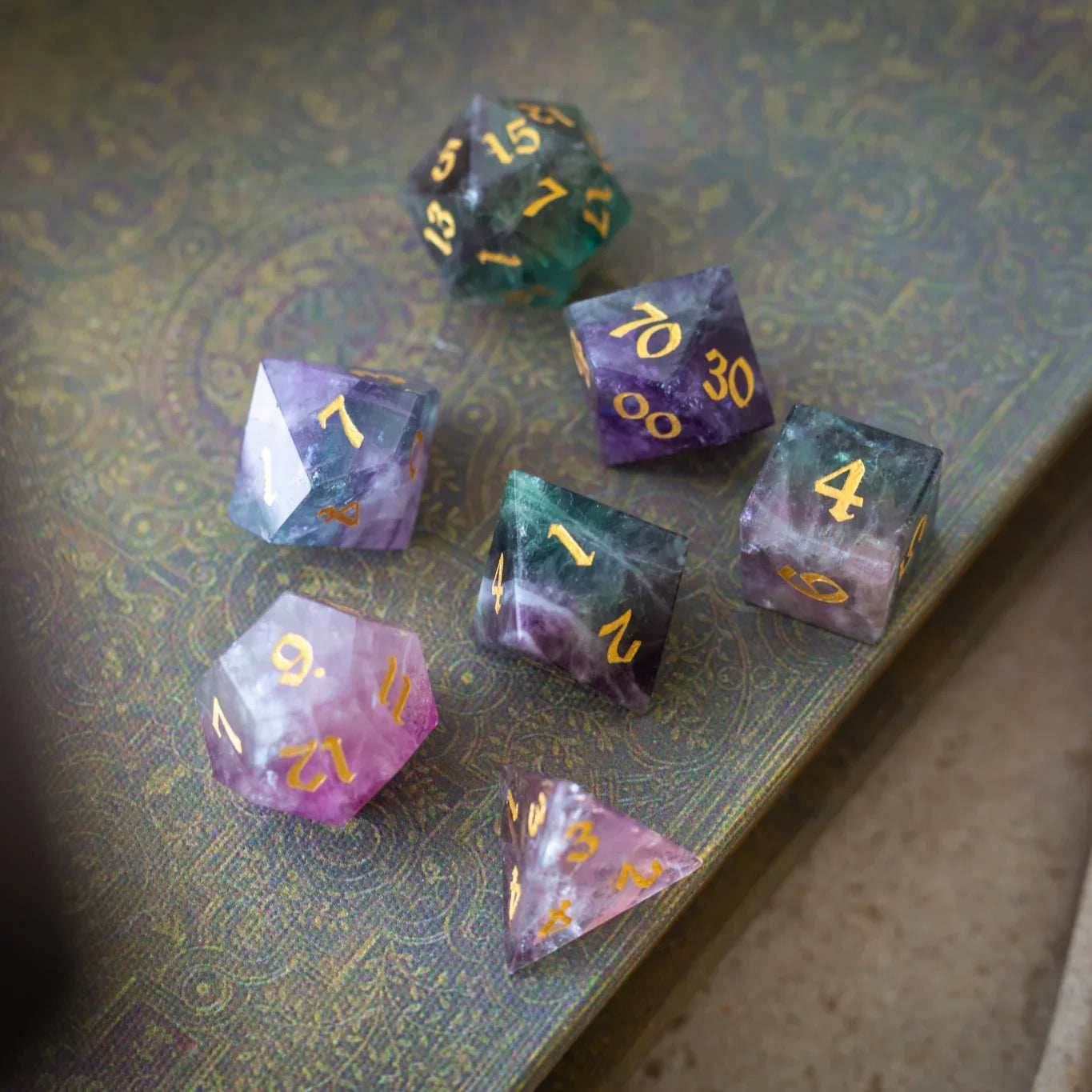 Gemstone Rainbow Fluorite Hand Carved DND Dice Set - Full Set And Free Dice Box