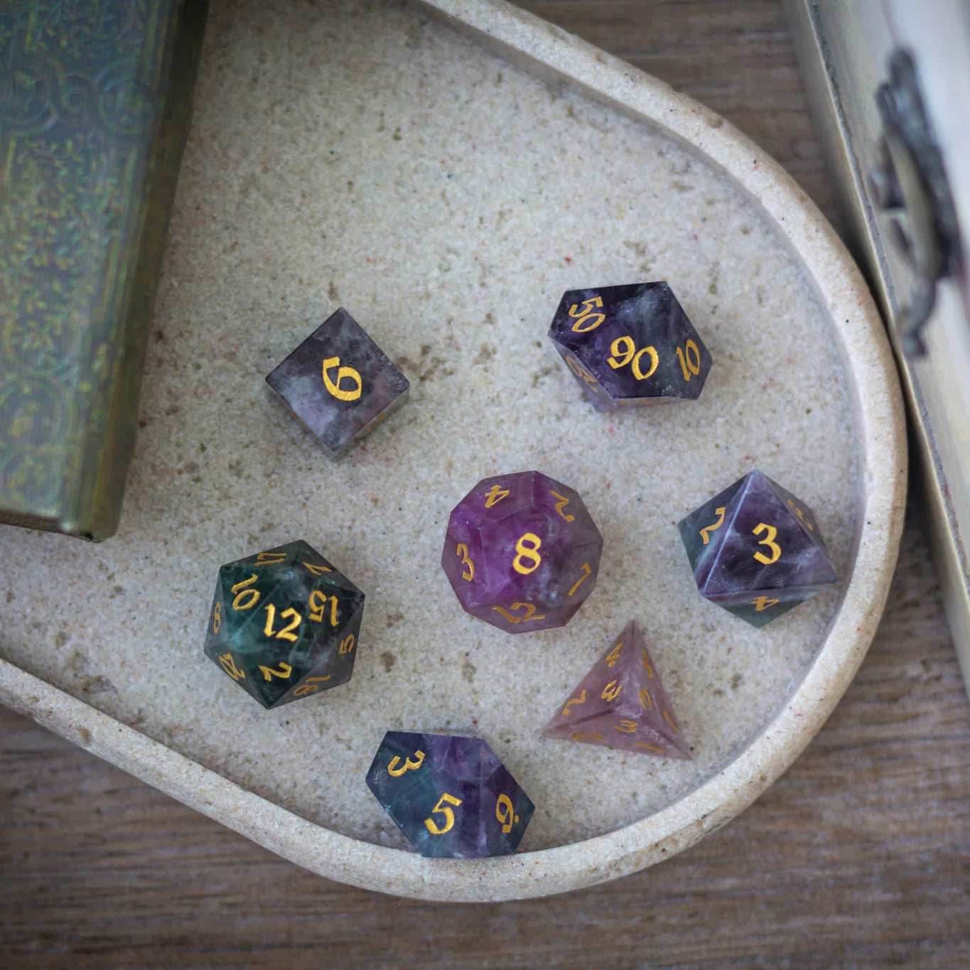 Gemstone Rainbow Fluorite Hand Carved DND Dice Set - Full Set And Free Dice Box