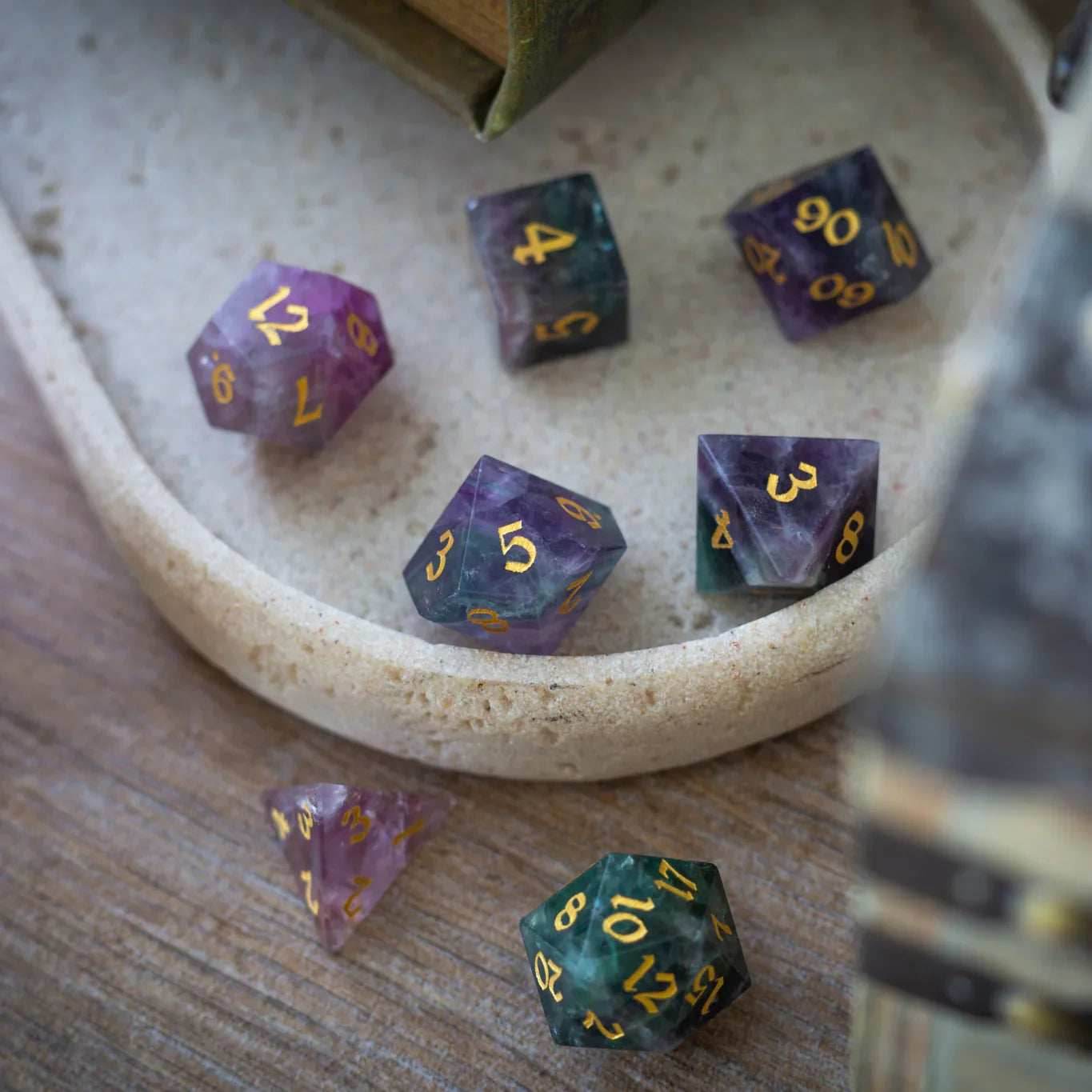Gemstone Rainbow Fluorite Hand Carved DND Dice Set - Full Set And Free Dice Box