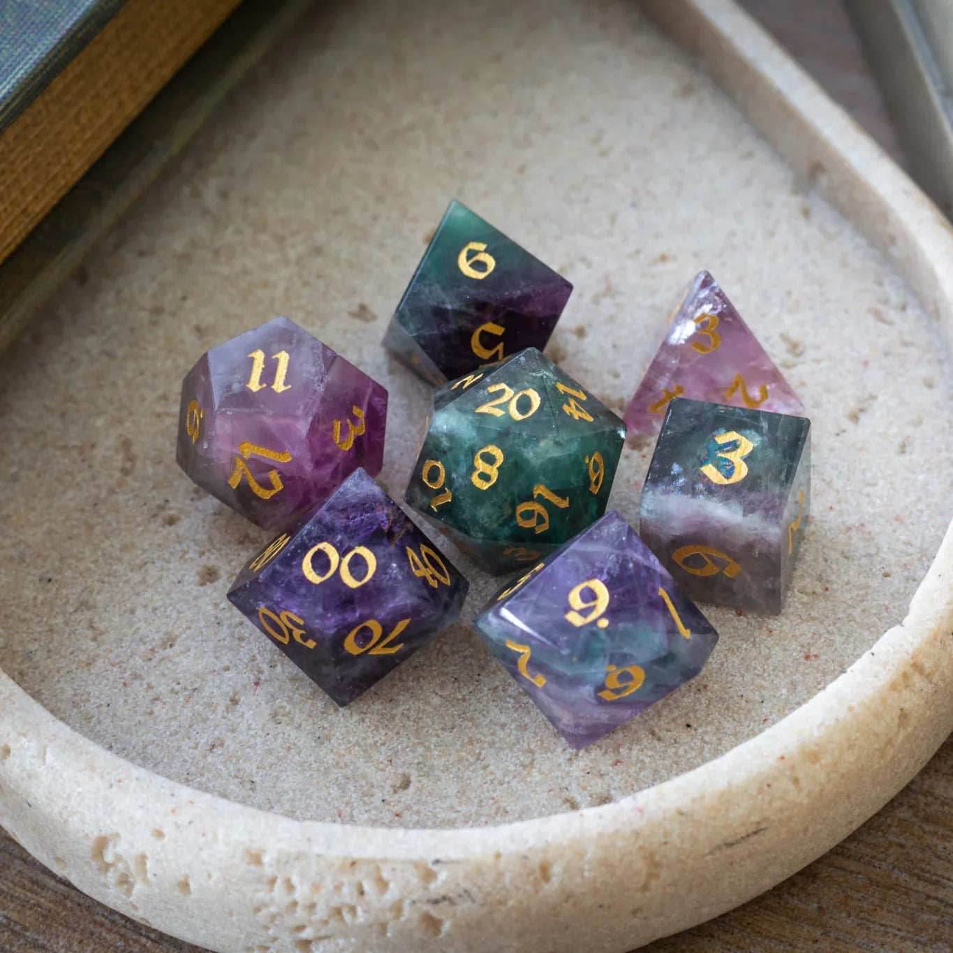 Gemstone Rainbow Fluorite Hand Carved DND Dice Set - Full Set And Free Dice Box