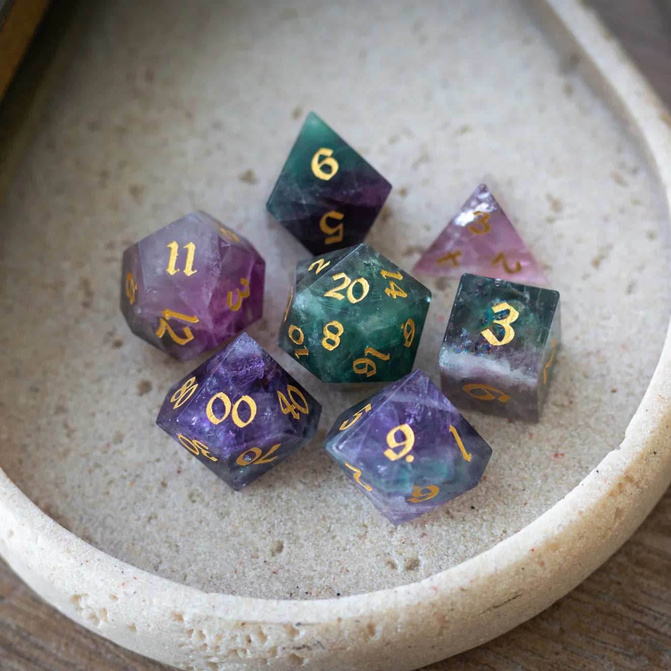 Gemstone Rainbow Fluorite Hand Carved DND Dice Set - Full Set And Free Dice Box