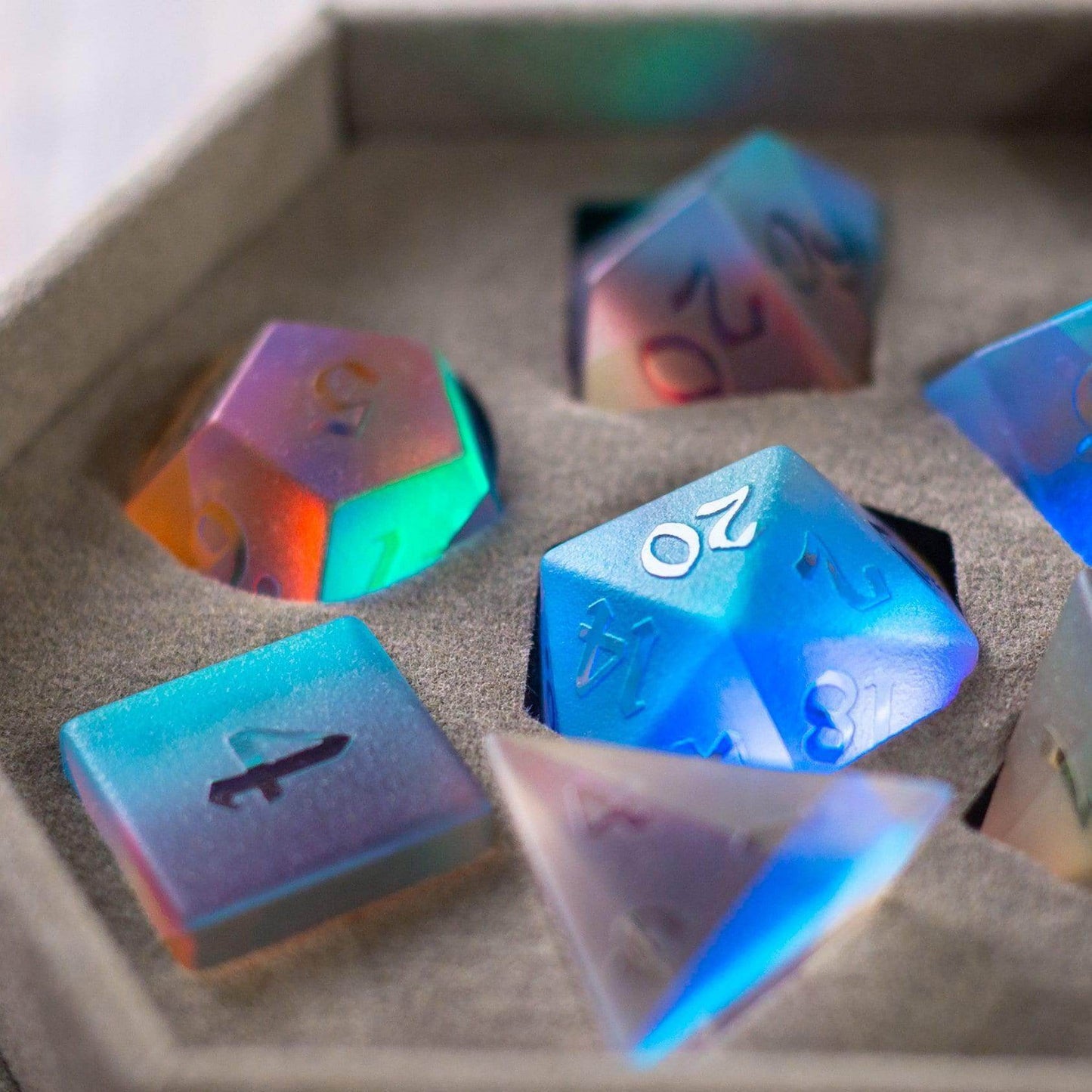 Gemstone Raised Dichroic Glass DND Dice Set - Full Set And Free Dice Box