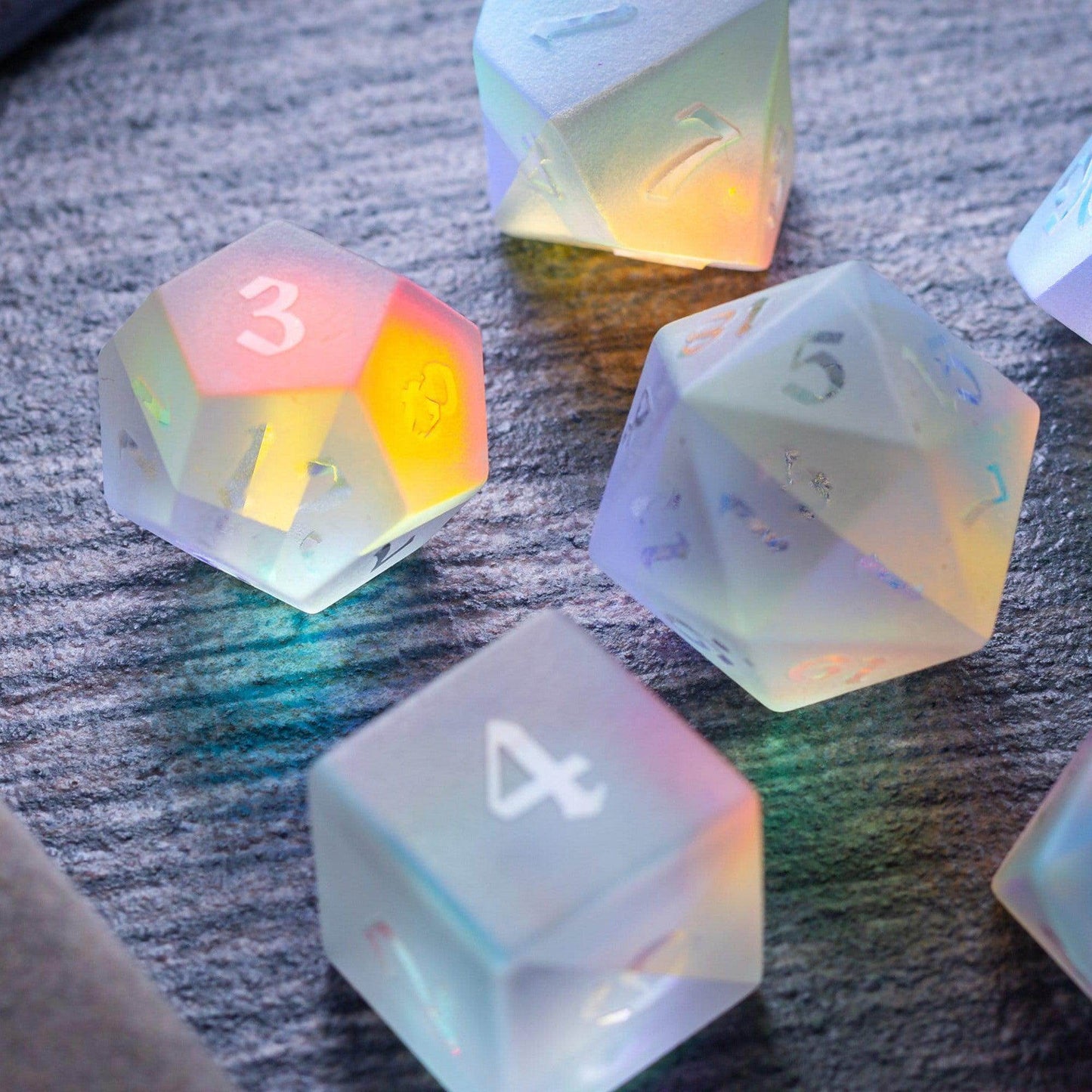 Gemstone Raised Dichroic Glass DND Dice Set - Full Set And Free Dice Box