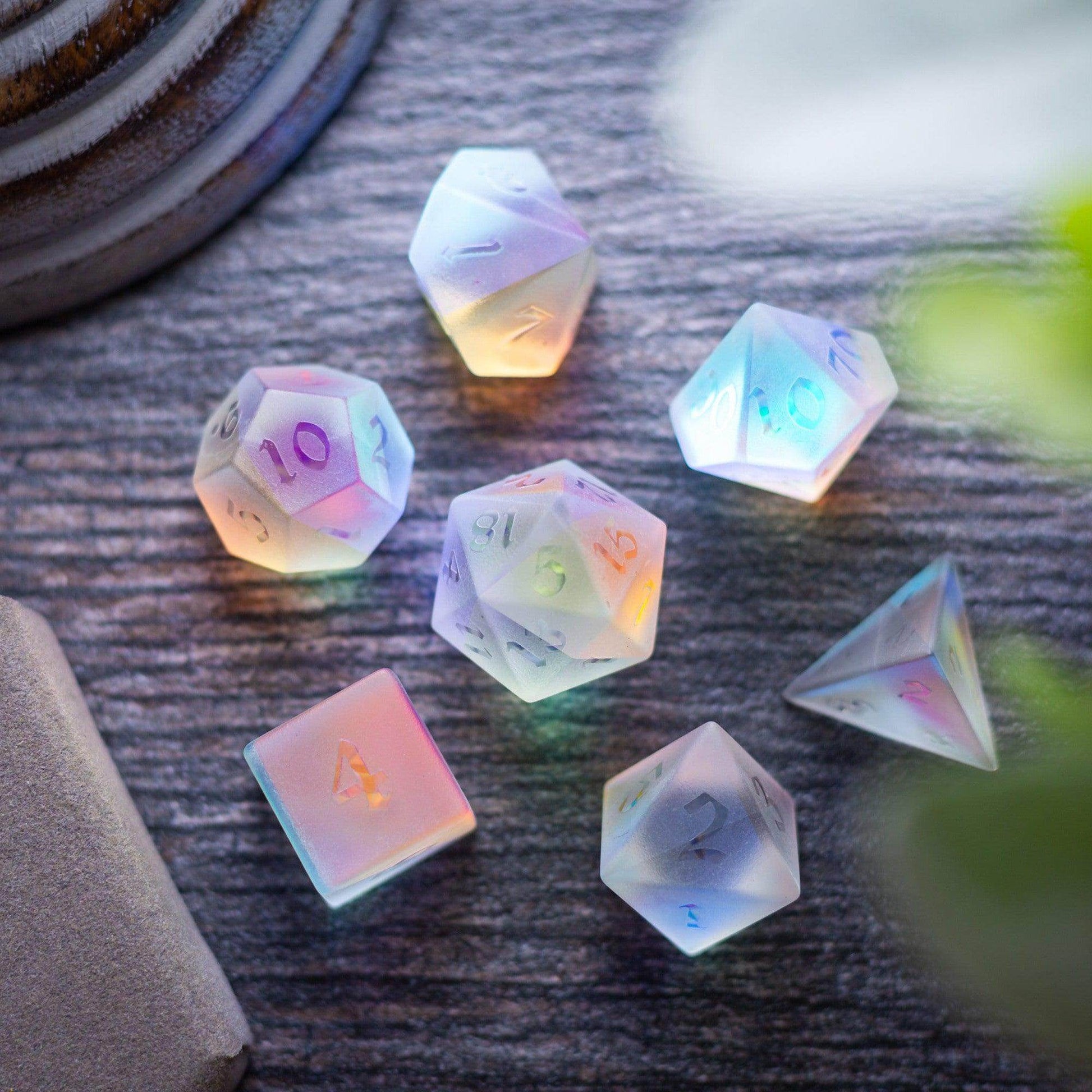 Gemstone Raised Dichroic Glass DND Dice Set - Full Set And Free Dice Box