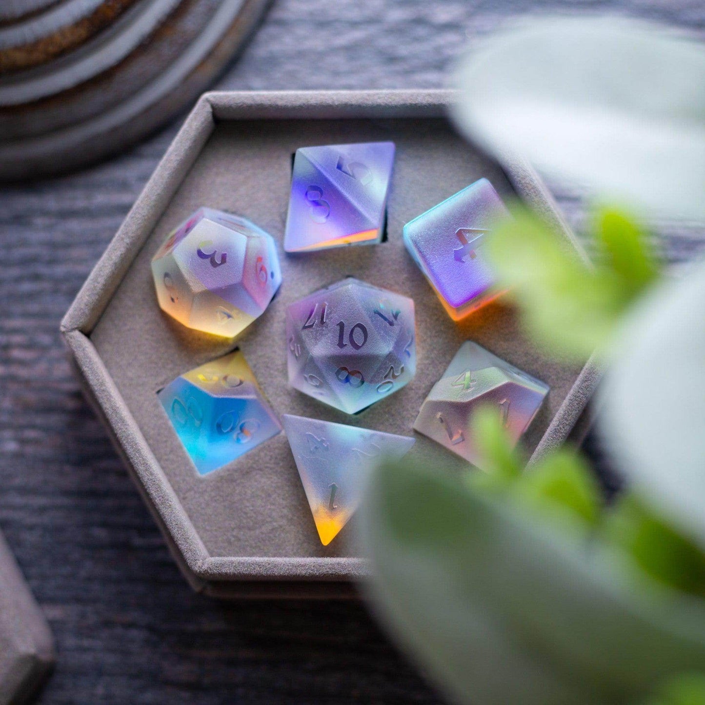 Gemstone Raised Dichroic Glass DND Dice Set - Full Set And Free Dice Box