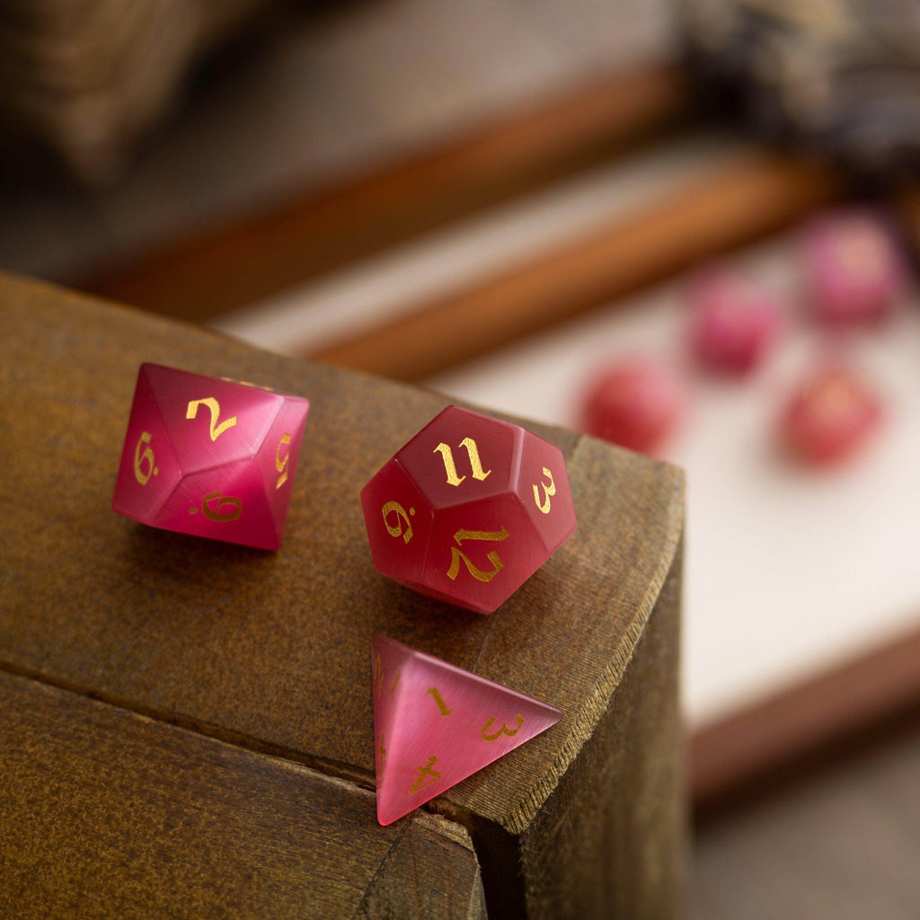 Gemstone Rose Red Cats Eye Stone Hand Carved DND Dice Set - Full Set And Free Dice Box
