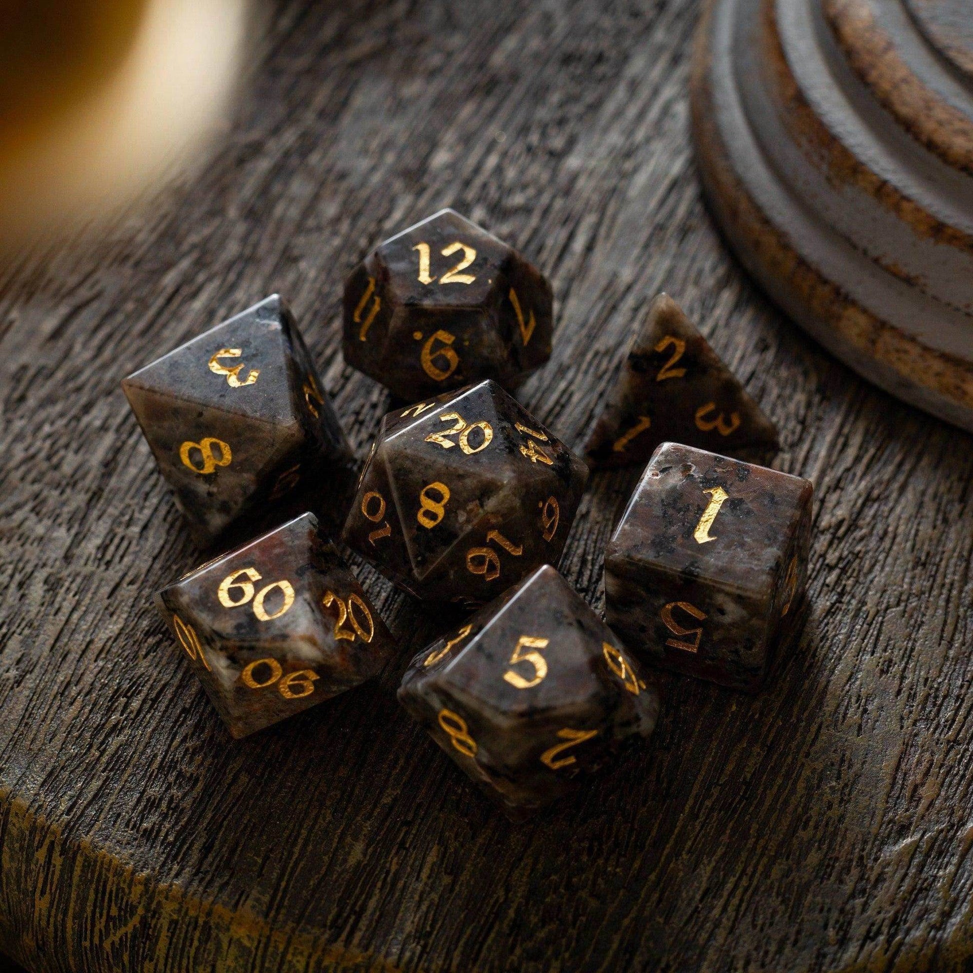 Gemstone Yooperlite Hand Carved DND Dice Set - Full Set And Free Dice Box