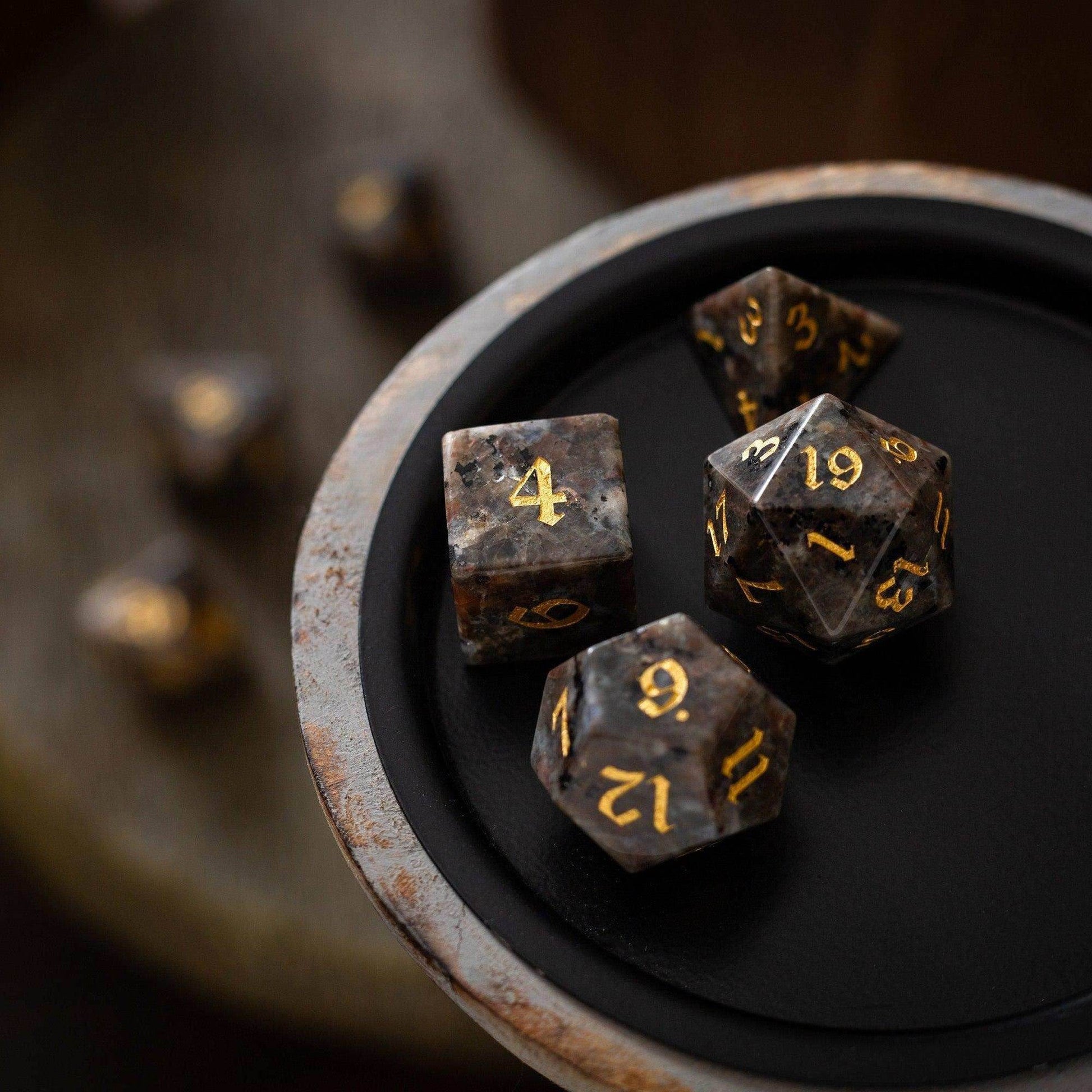 Gemstone Yooperlite Hand Carved DND Dice Set - Full Set And Free Dice Box