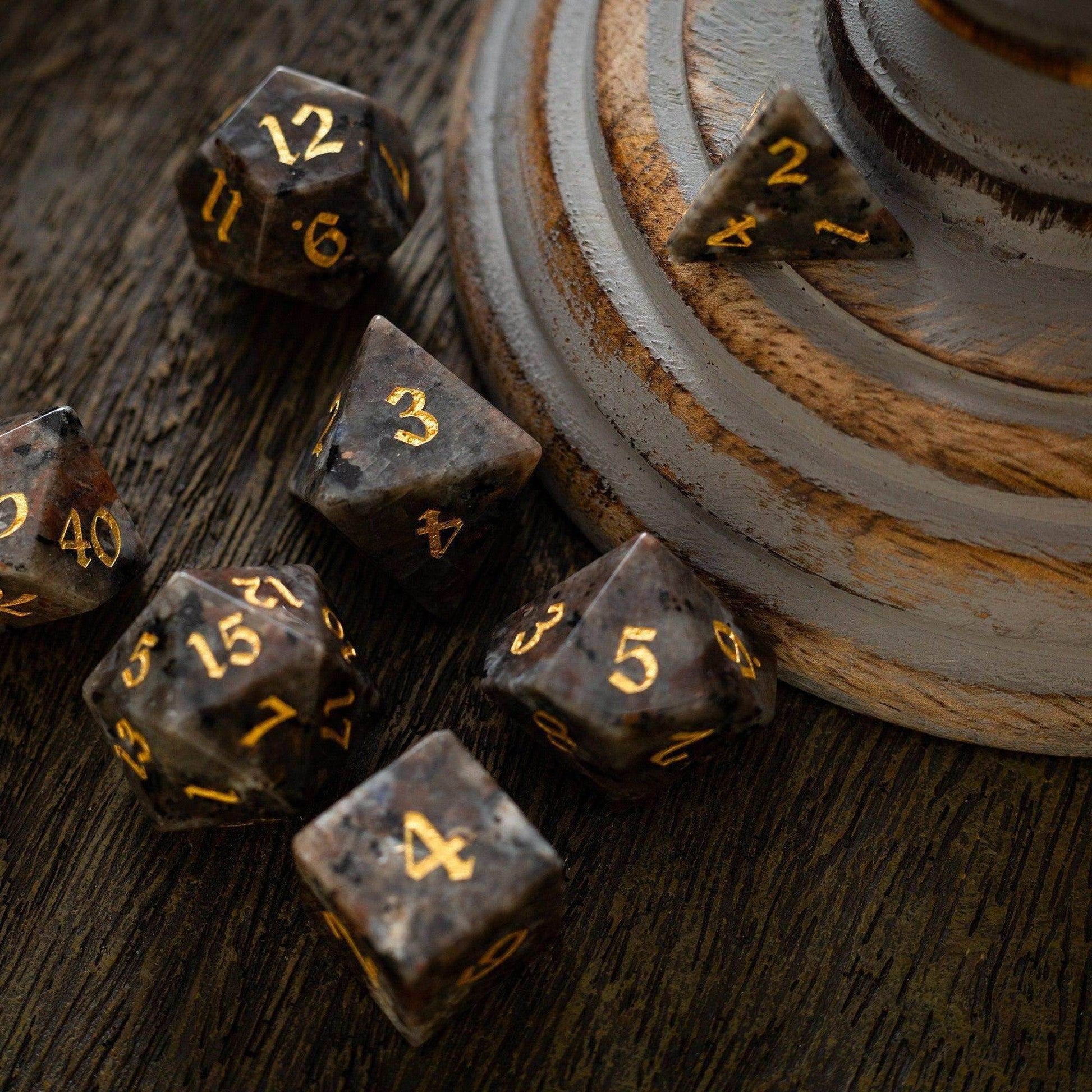 Gemstone Yooperlite Hand Carved DND Dice Set - Full Set And Free Dice Box