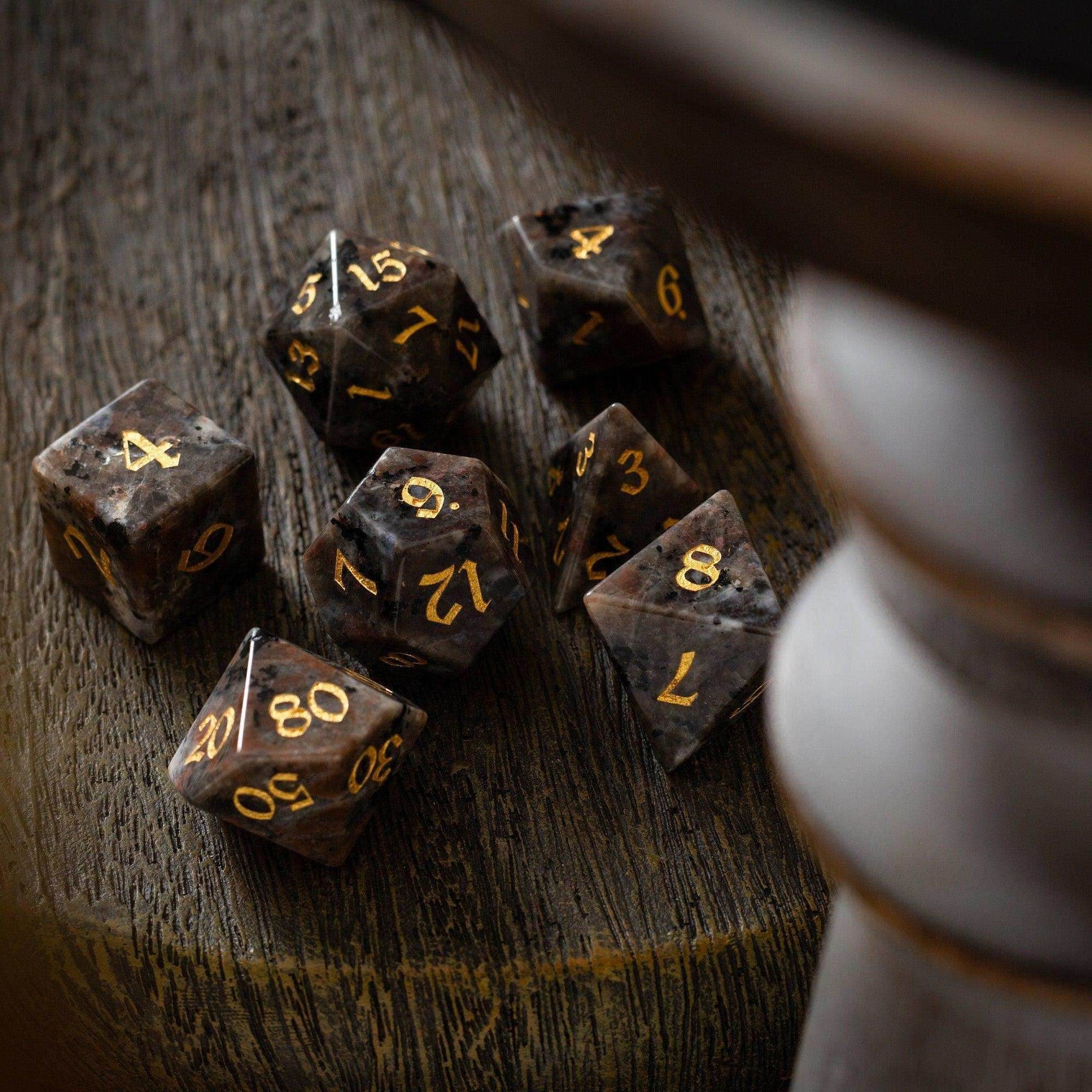 Gemstone Yooperlite Hand Carved DND Dice Set - Full Set And Free Dice Box