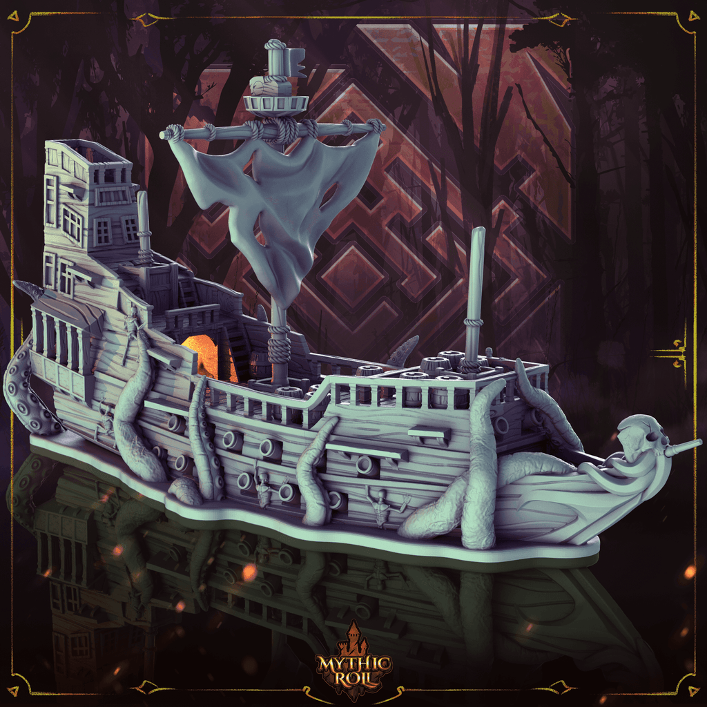 Ghost Pirate Ship 3D Printed Dice Tower - Mythic Roll Collection by Unchained Games | Dice Tray | D20 Dice Vault - Set sail into the unknown! - Black / Yes- Include Random Dice Set