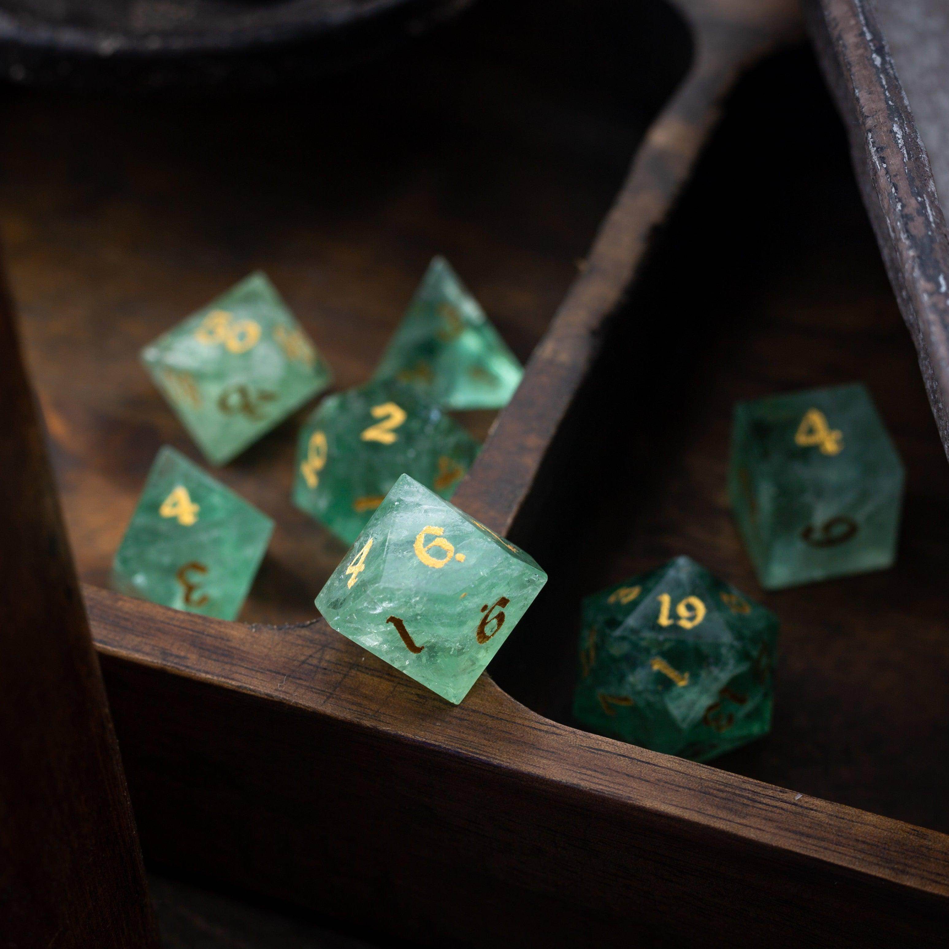 Green Fluorite Gemstone (Chlorophane) Hand Carved DND Dice Set - Full Set And Free Box