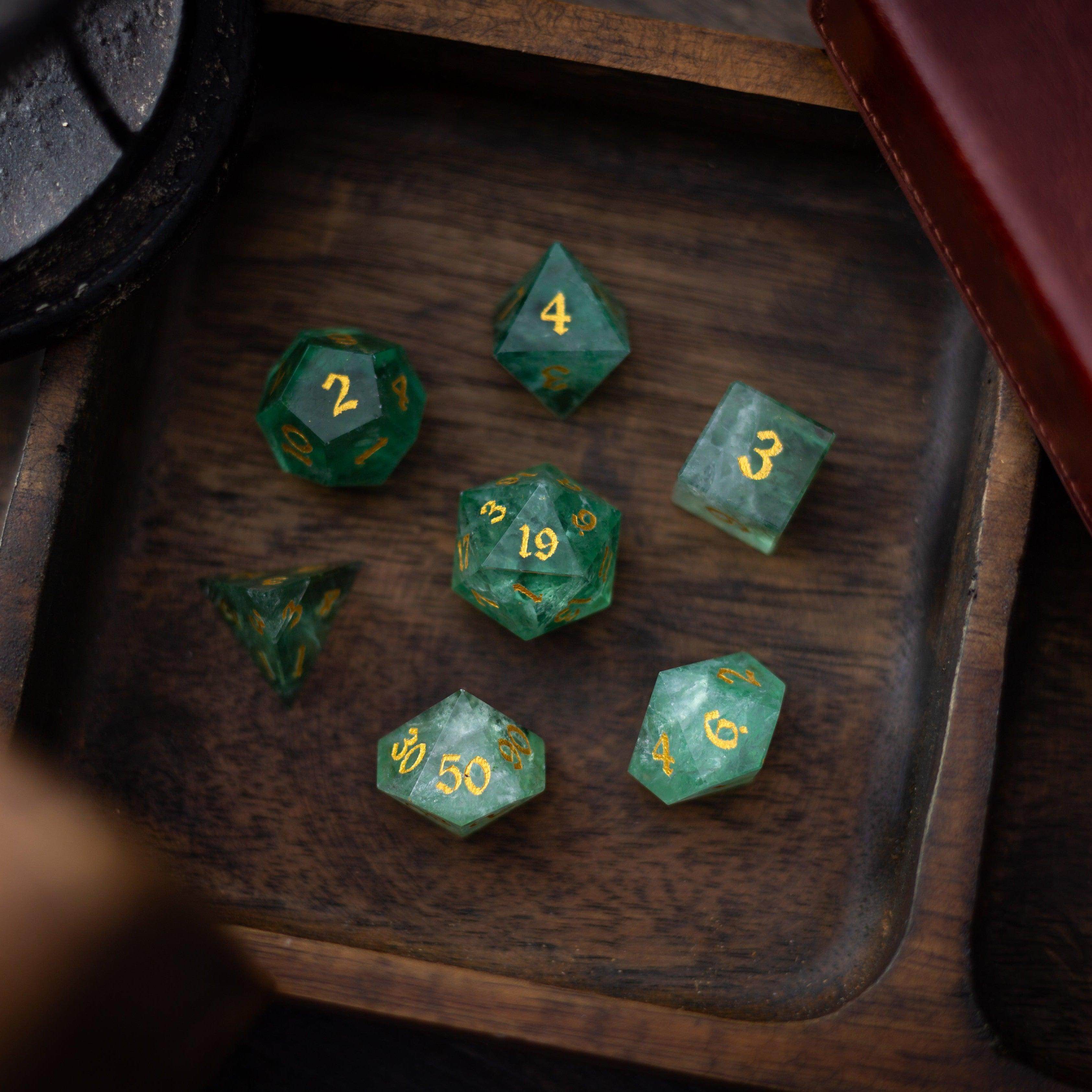 Green Fluorite Gemstone (Chlorophane) Hand Carved DND Dice Set - Full Set And Free Box